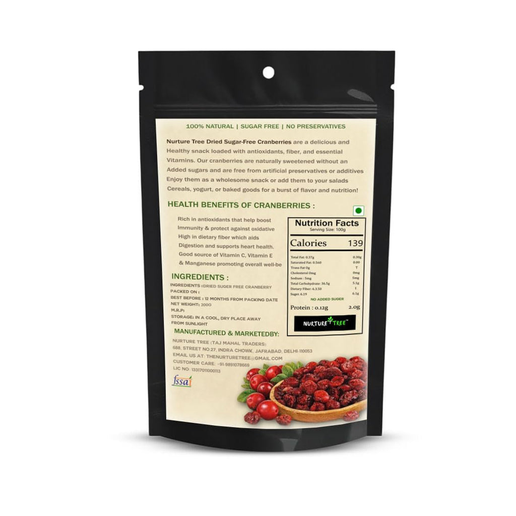 Nurture Tree Dried Sugar-Free Cranberries 200g | Rich in Antioxidants & Fiber | Natural Energy Booster & Immune Support | Healthy Snack for Breakfast, Diet & Fitness