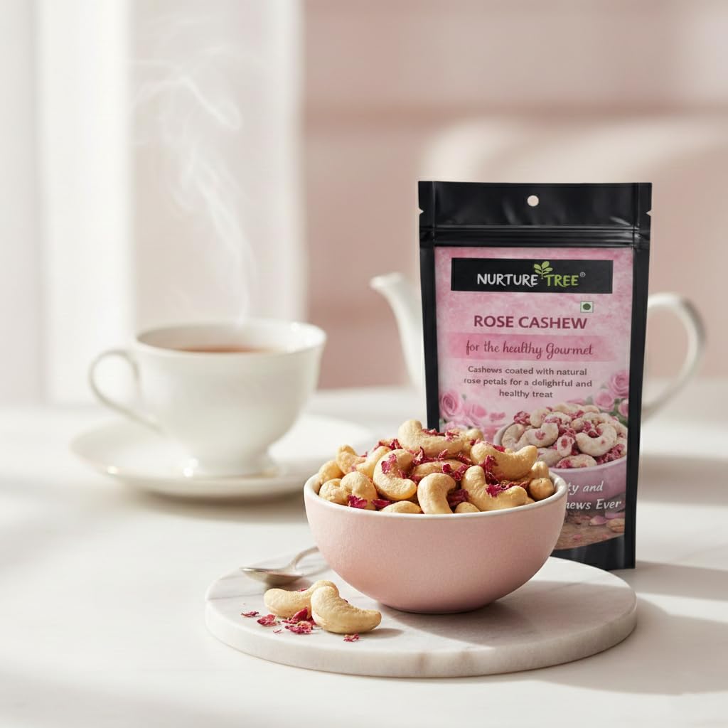 Nurture Tree Rose Petal Cashews (200gm) – Luxury Gourmet Cashews Infused with Natural Rose Petals | Vegetarian Healthy Snack | No Artificial Flavours or Colours | Crunchy Sweet Gift Dragees