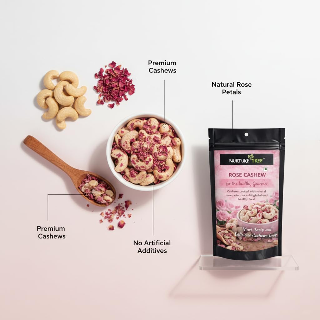 Nurture Tree Rose Petal Cashews (200gm) – Luxury Gourmet Cashews Infused with Natural Rose Petals | Vegetarian Healthy Snack | No Artificial Flavours or Colours | Crunchy Sweet Gift Dragees