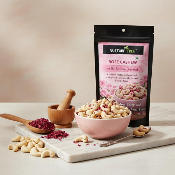 Nurture Tree Rose Petal Cashews (200gm) – Luxury Gourmet Cashews Infused with Natural Rose Petals | Vegetarian Healthy Snack | No Artificial Flavours or Colours | Crunchy Sweet Gift Dragees