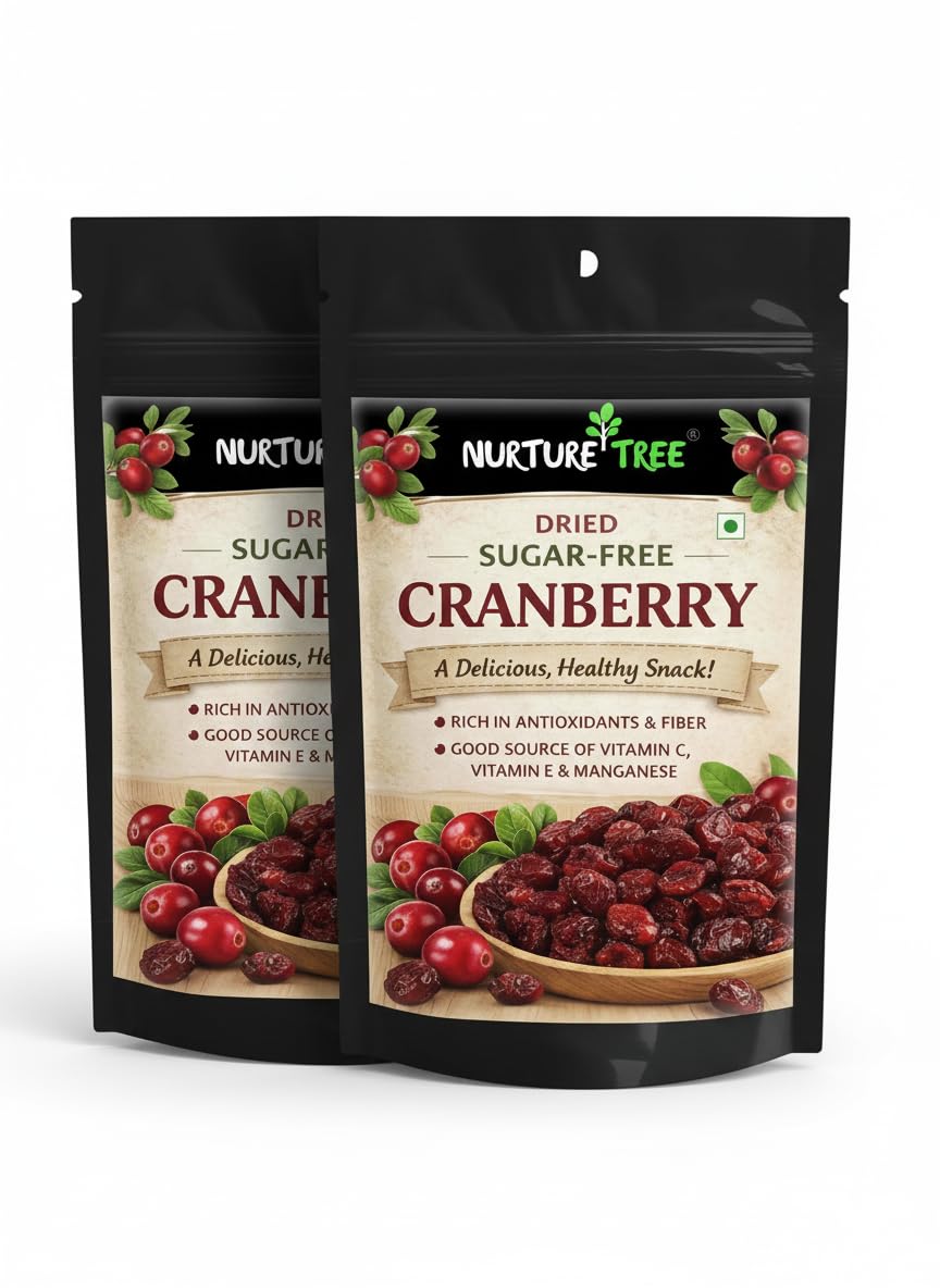 Nurture Tree Dried Sugar-Free Cranberries 200g | Rich in Antioxidants & Fiber | Natural Energy Booster & Immune Support | Healthy Snack for Breakfast, Diet & Fitness