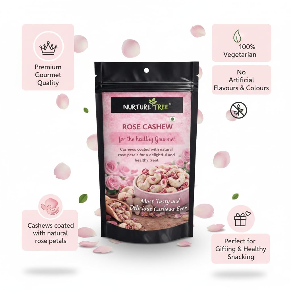 Nurture Tree Rose Petal Cashews (200gm) – Luxury Gourmet Cashews Infused with Natural Rose Petals | Vegetarian Healthy Snack | No Artificial Flavours or Colours | Crunchy Sweet Gift Dragees