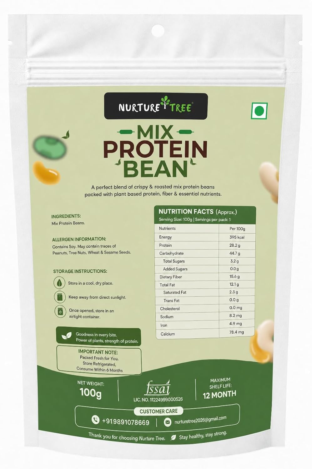 Nurture Tree Roasted Mix Protein Beans 3 in 1 | 100g | Roasted Soyabeans, Edamame & Black Beans | Not Fried | High Protein Healthy Snack | No Added Sugar | No Preservatives | Crispy & Crunchy | 100% Plant Protein