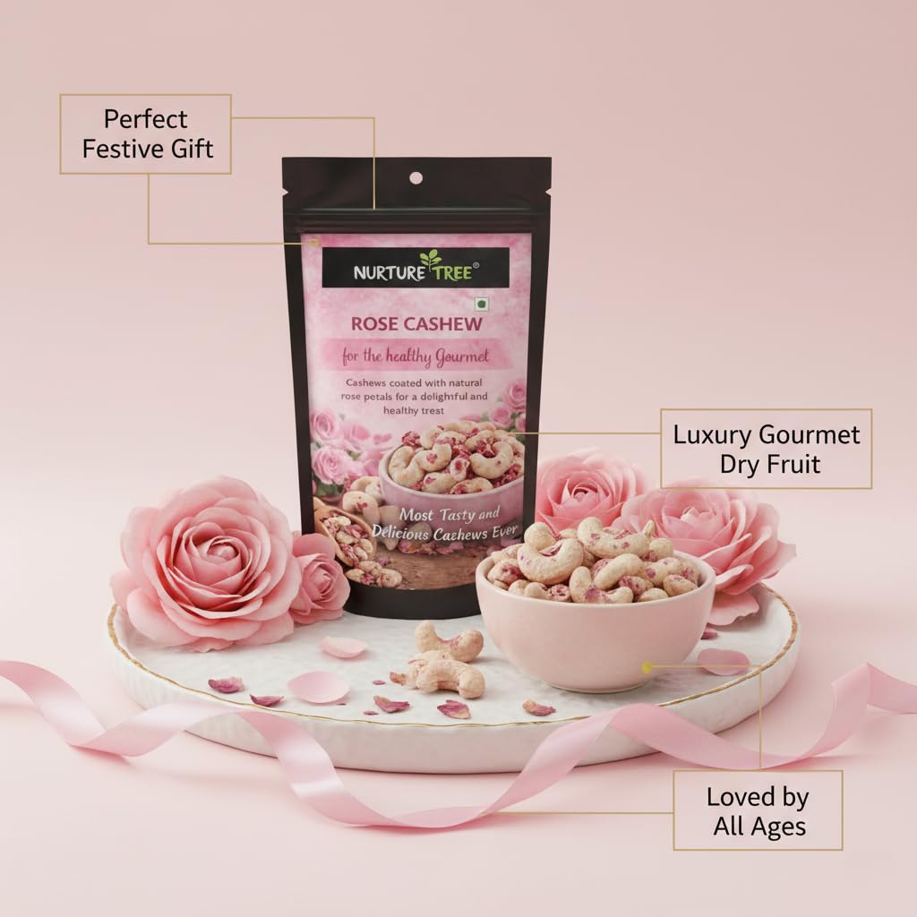 Nurture Tree Rose Petal Cashews (200gm) – Luxury Gourmet Cashews Infused with Natural Rose Petals | Vegetarian Healthy Snack | No Artificial Flavours or Colours | Crunchy Sweet Gift Dragees