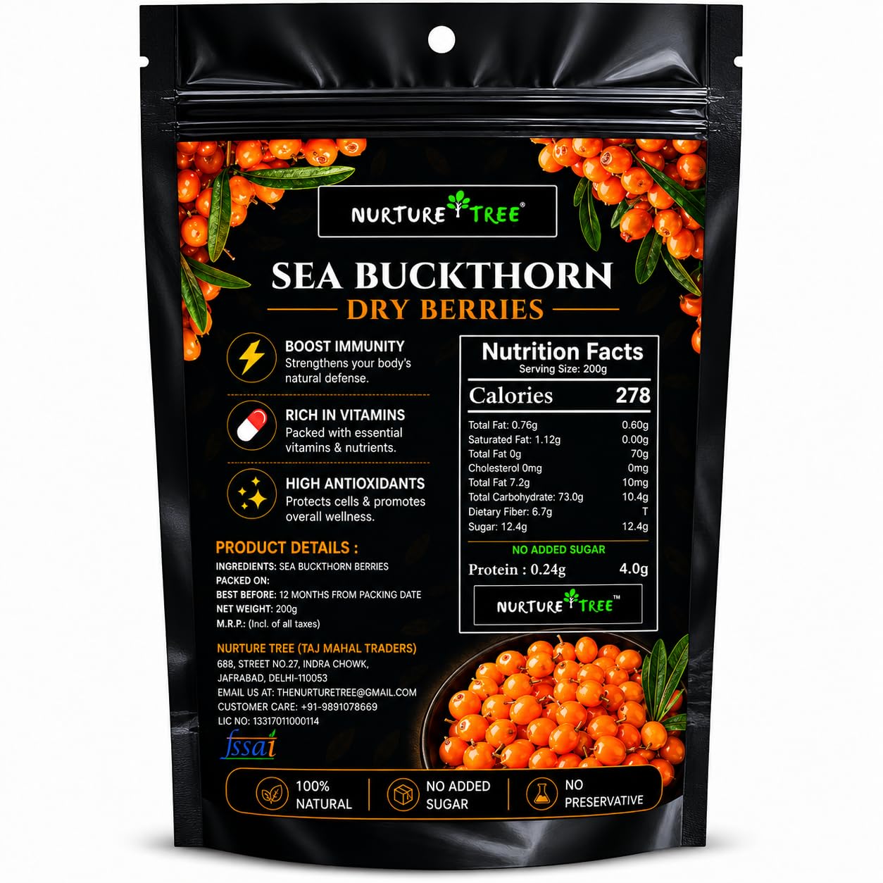 Nurture Tree Sea Buckthorn Dried Berries | Sun-Dried Superfood for Energy & Immunity | Natural & Unsweetened | Rich in Omega 3-6-7-9, Vitamin C & E | Supports Skin, Gut & Heart Health | No Preservatives (200gm)