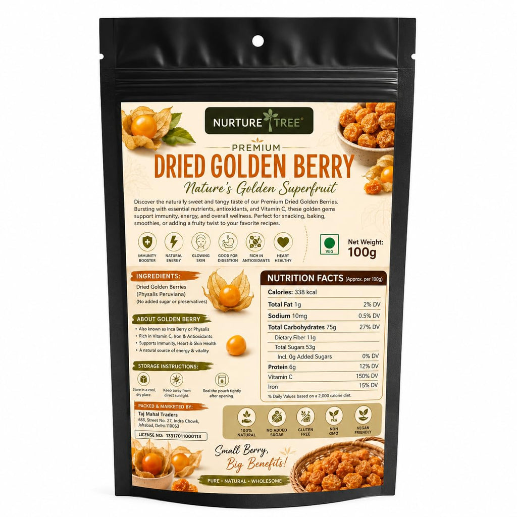 Nurture Tree Dried Golden Berry 100g | Premium Quality Sun-Dried Superfood | 100% Natural | No Additives | Rich in Dietary Fiber, Antioxidants & Essential Nutrients | Healthy Anytime Snack