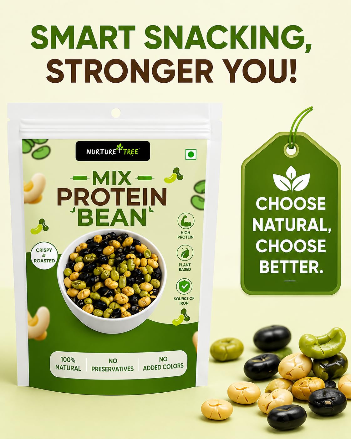 Nurture Tree Roasted Mix Protein Beans 3 in 1 | 100g | Roasted Soyabeans, Edamame & Black Beans | Not Fried | High Protein Healthy Snack | No Added Sugar | No Preservatives | Crispy & Crunchy | 100% Plant Protein