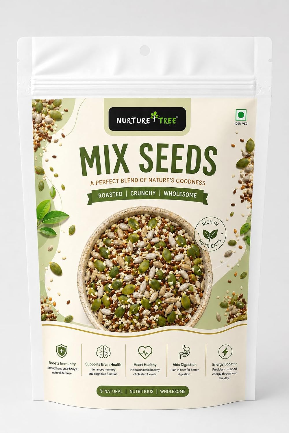 Nurture Tree Mix Seeds 100g | 4-in-1 Roasted Crunchy Seed Blend | Sunflower, Flax, Chia, Pumpkin Seeds | 100% Natural | High Protein & Fiber | No Preservatives | Healthy Snack