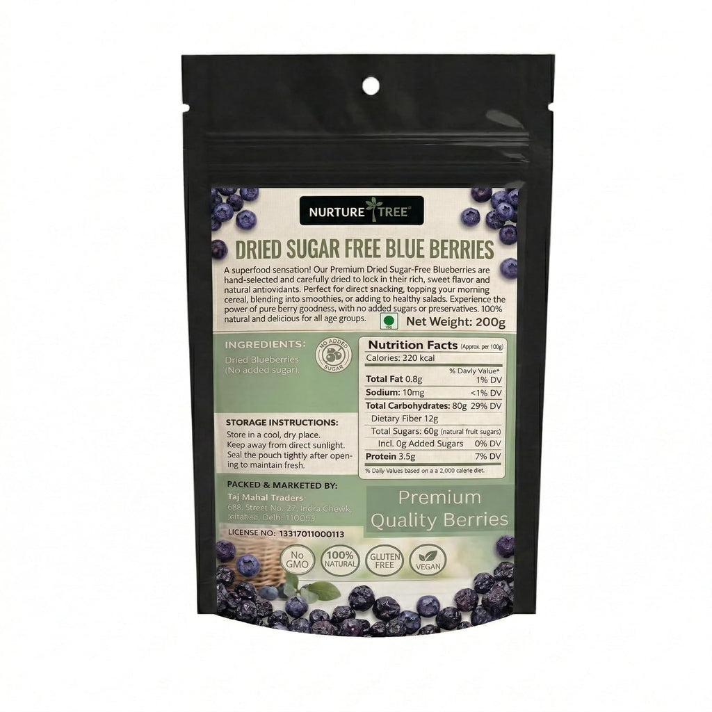 Nurture Tree Sugar-Free Dried Blueberries | Tasty & Healthy Snack | Rich in Antioxidants | Boosts Immunity | Supports Digestion (200gm)