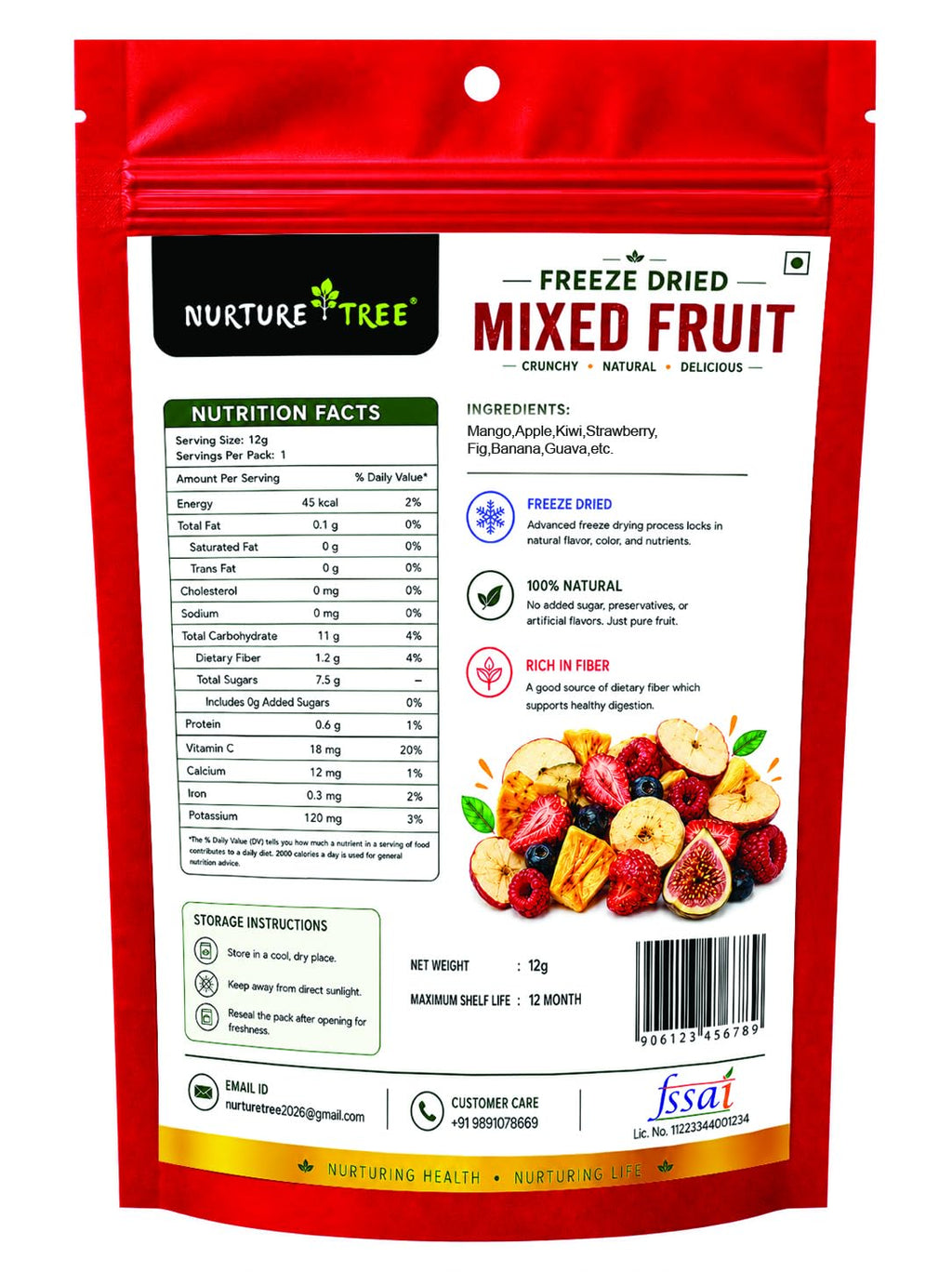 Nurture Tree Freeze Dried Mixed Fruit Snack 12g | 8 in 1 | Strawberry, Apple, , Banana, Mango,Guava , Kiwi & Fig ETC | 100% Real Fruits | No Added Sugar | Rich in Fiber | Crispy & Crunchy Healthy Snack for Kids & Adults