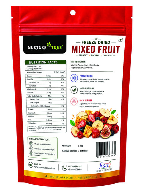 Nurture Tree Freeze Dried Mixed Fruit Snack 12g | 8 in 1 | Strawberry, Apple, , Banana, Mango,Guava , Kiwi & Fig ETC | 100% Real Fruits | No Added Sugar | Rich in Fiber | Crispy & Crunchy Healthy Snack for Kids & Adults