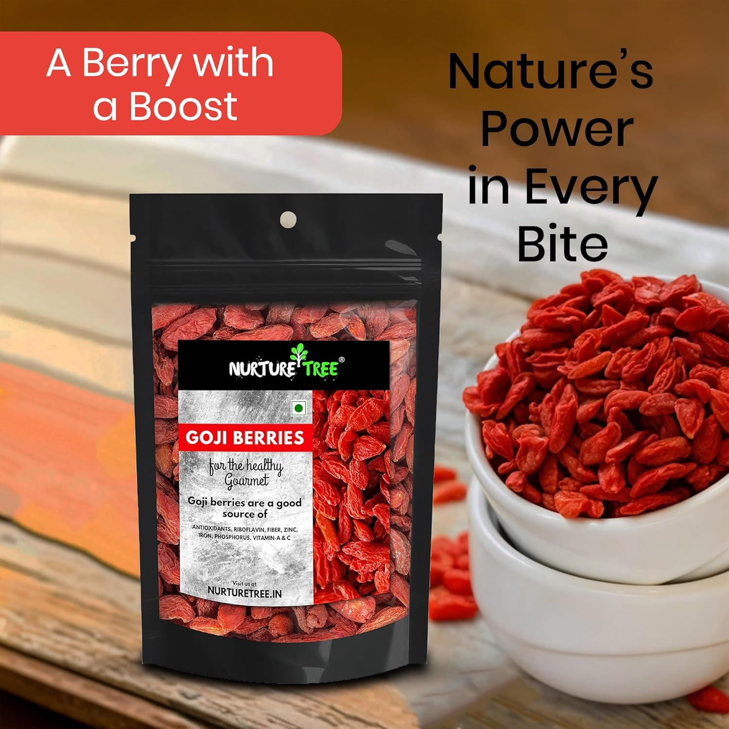 Nurture Tree Premium Goji Berries 100% Natural and Fresh Dried Berries, Rich in Vitamin A and Antioxidants, Healthy and Tasty Snacks for Adults and Kids (250gm)