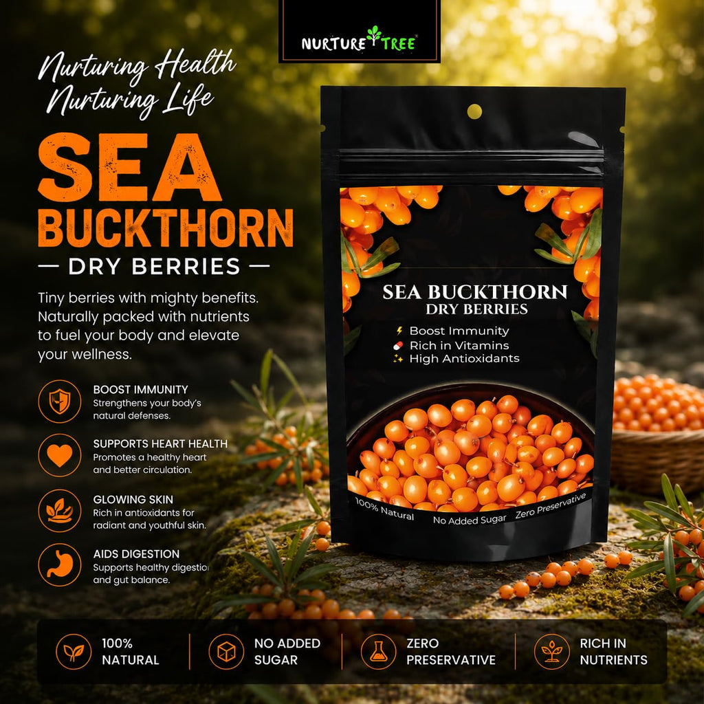 Nurture Tree Sea Buckthorn Dried Berries | Sun-Dried Superfood for Energy & Immunity | Natural & Unsweetened | Rich in Omega 3-6-7-9, Vitamin C & E | Supports Skin, Gut & Heart Health | No Preservatives (200gm)
