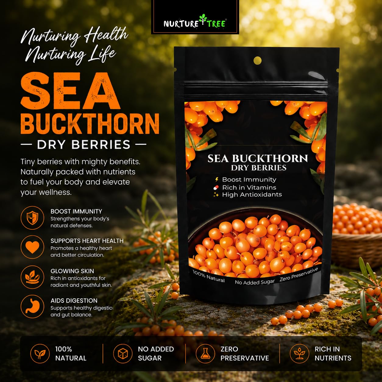 Nurture Tree Sea Buckthorn Dried Berries | Sun-Dried Superfood for Energy & Immunity | Natural & Unsweetened | Rich in Omega 3-6-7-9, Vitamin C & E | Supports Skin, Gut & Heart Health | No Preservatives (200gm)