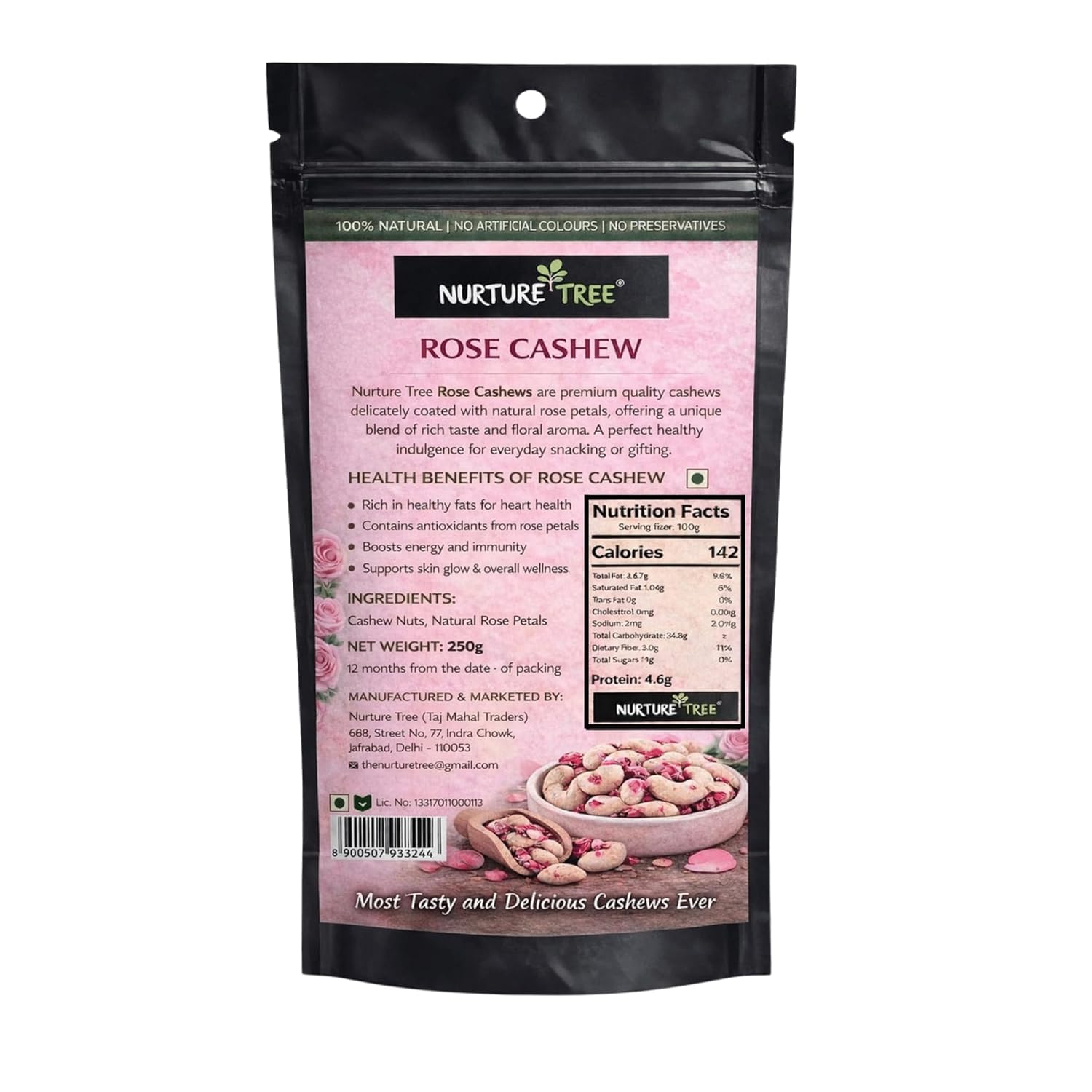 Nurture Tree Rose Petal Cashews (200gm) – Luxury Gourmet Cashews Infused with Natural Rose Petals | Vegetarian Healthy Snack | No Artificial Flavours or Colours | Crunchy Sweet Gift Dragees