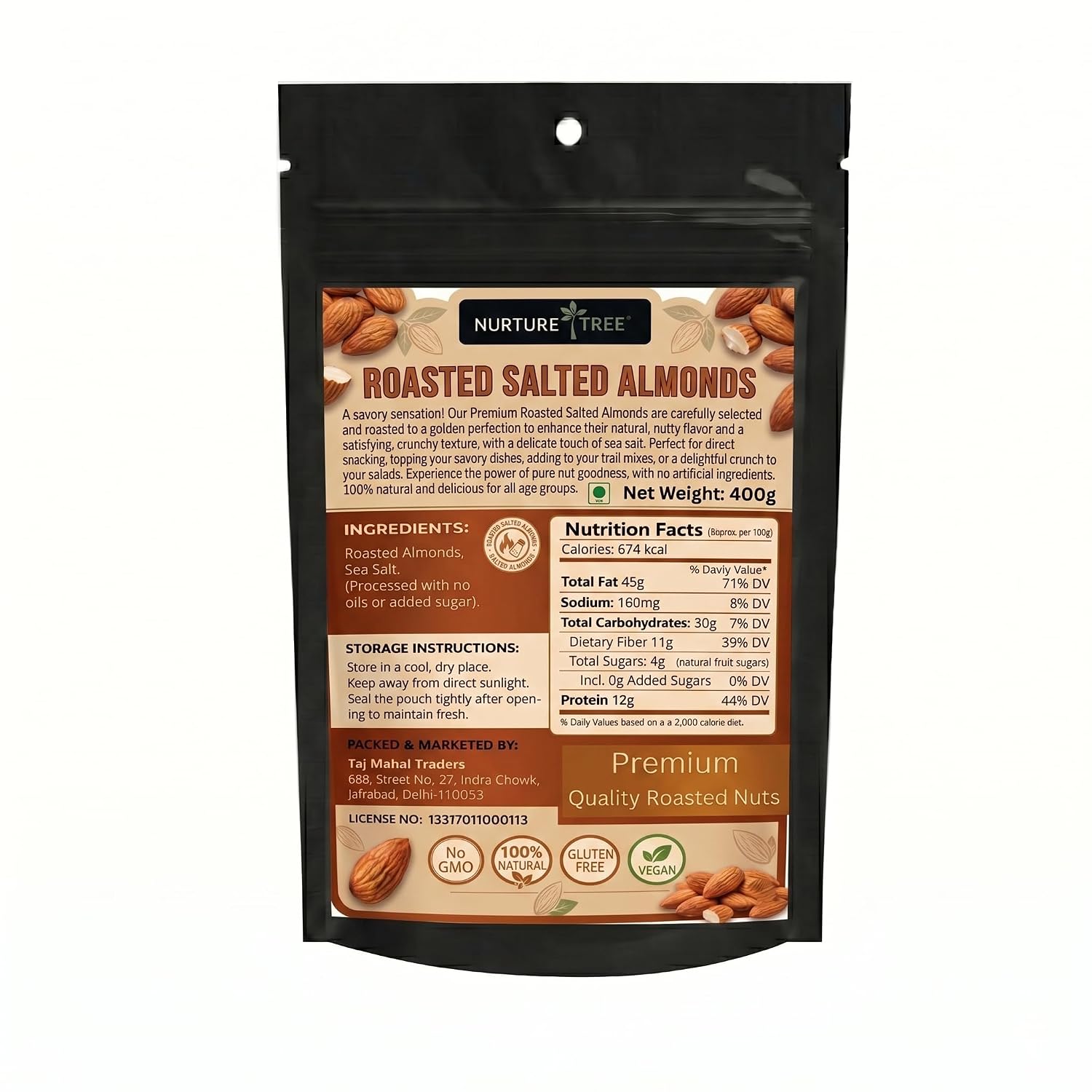 NURTURE TREE Premium Roasted & Salted Almonds Badam 400gm, Crunchy & Fresh Badam, Healthy Dry Fruits for Snacking and Cooking, Rich Source of Protein and Energy
