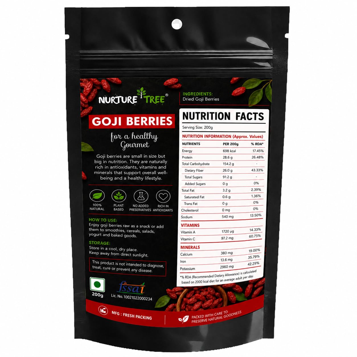 Nurture Tree Premium Goji Berries 100% Natural and Fresh Dried Berries, Rich in Vitamin A and Antioxidants, Healthy and Tasty Snacks for Adults and Kids (250gm)