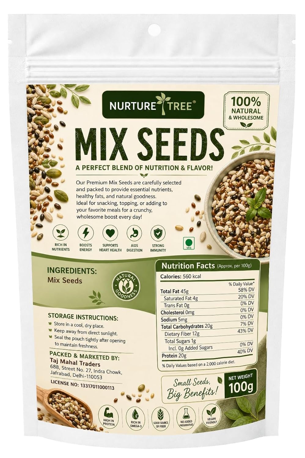 Nurture Tree Mix Seeds 100g | 4-in-1 Roasted Crunchy Seed Blend | Sunflower, Flax, Chia, Pumpkin Seeds | 100% Natural | High Protein & Fiber | No Preservatives | Healthy Snack