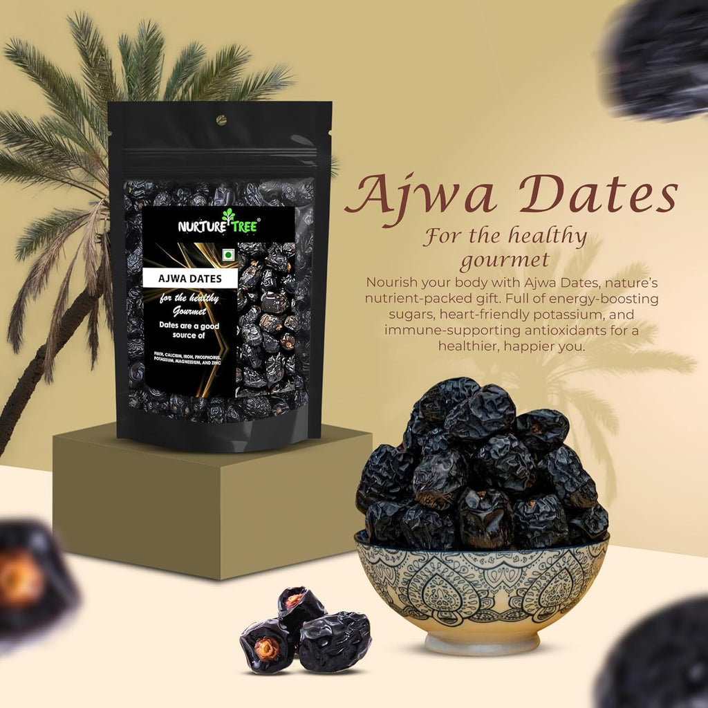 Nurture Tree Premium Saudi Ajwa Dates (Khajoor/Khajur) 500gm, 100% Natural Soft and Delicious Arabian Dates in Fresh, Khajur Dry Fruits, No Artificial Colours, Gluten Free, No Added Sugars