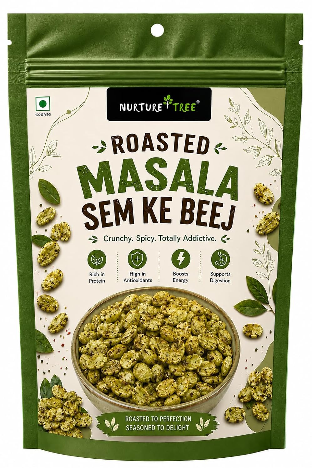 Nurture Tree Roasted Masala Sem Ke Beej 100g | Delicious Spicy Roasted Broad Beans | Crunchy Indian Namkeen | Ready to Eat | High Protein & Fiber | Perfect Snack for Home, Office & Travel