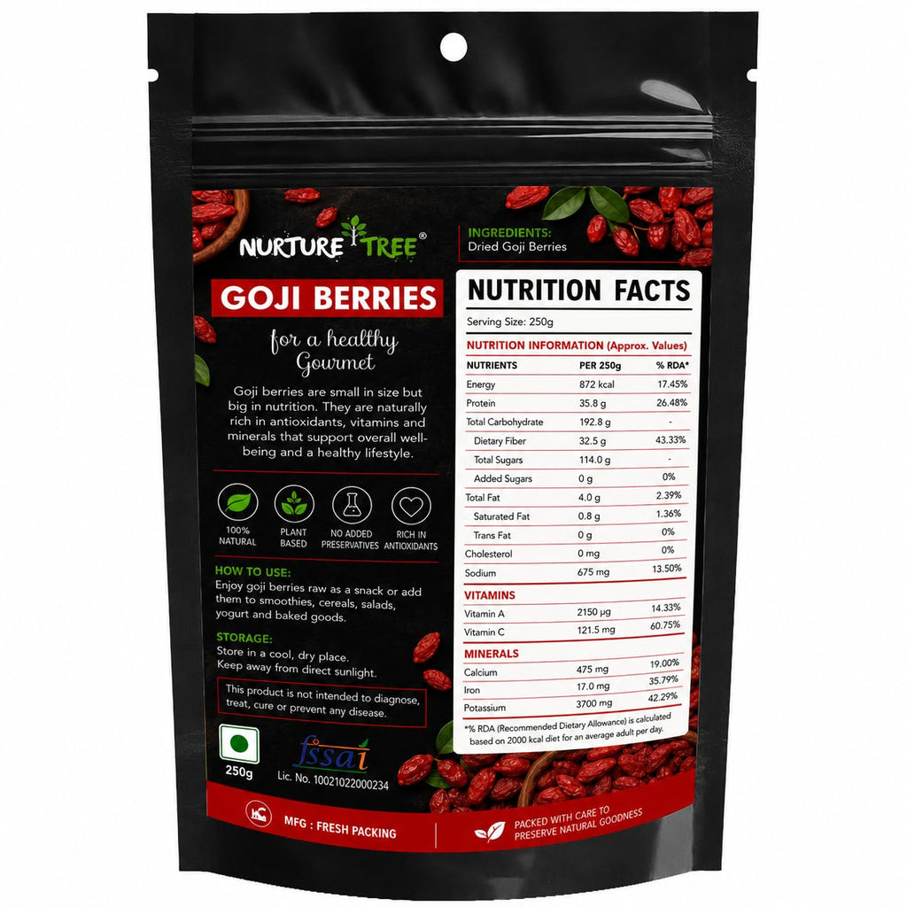 Nurture Tree Premium Goji Berries 100% Natural and Fresh Dried Berries, Rich in Vitamin A and Antioxidants, Healthy and Tasty Snacks for Adults and Kids (250gm)