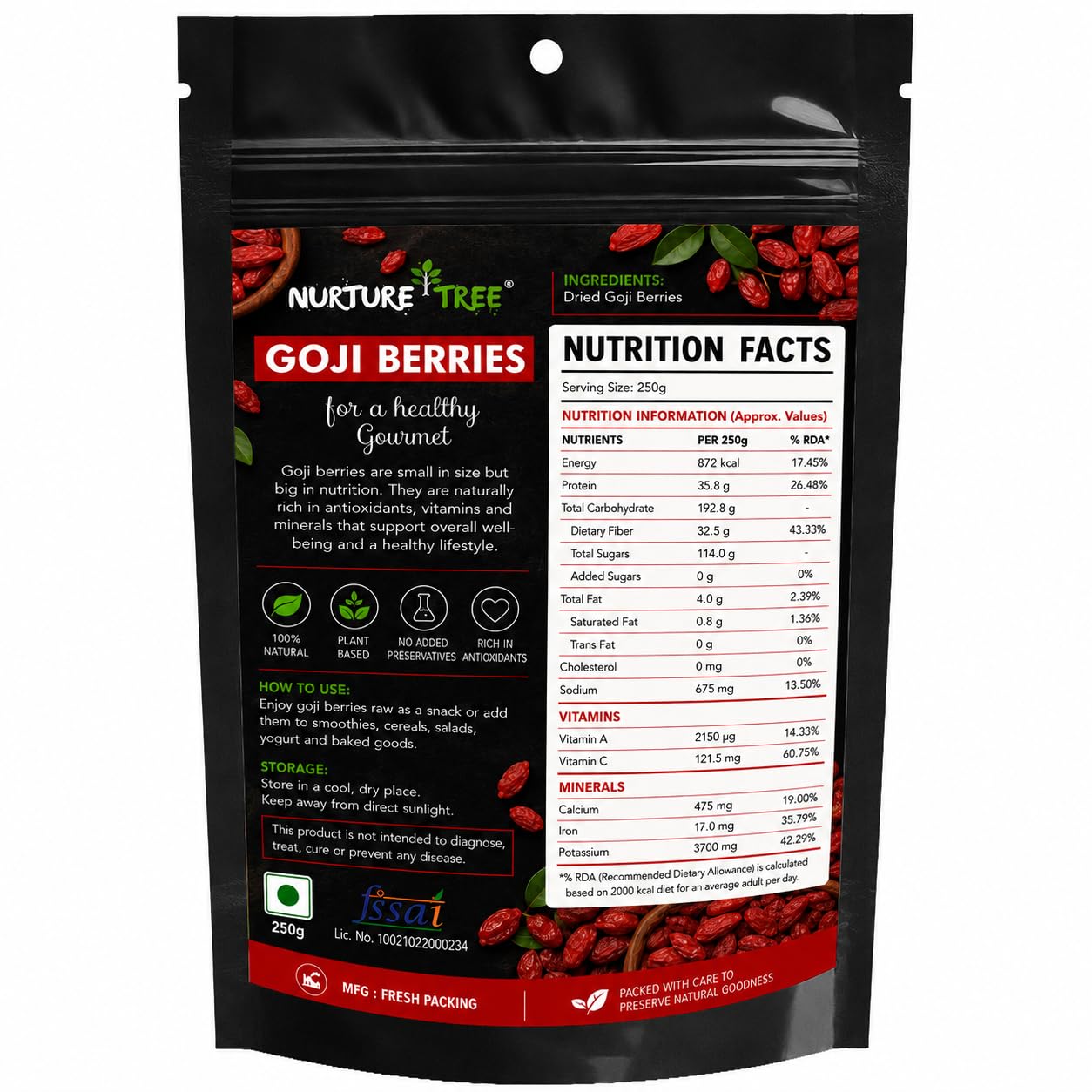 Nurture Tree Premium Goji Berries 100% Natural and Fresh Dried Berries, Rich in Vitamin A and Antioxidants, Healthy and Tasty Snacks for Adults and Kids (250gm)