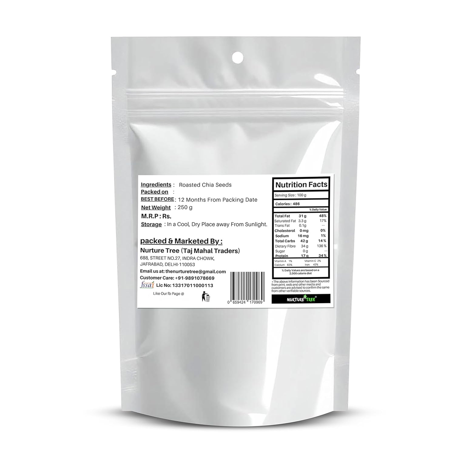 Nurture Tree Roasted Chia Seeds 250gm 100% Natural Superfood for Weight Loss, Healthy Diet and Nutrition Rich in Calcium, Omega-3, Protein and Fibre for Boost Immunity, Heart Health & Bone Strength