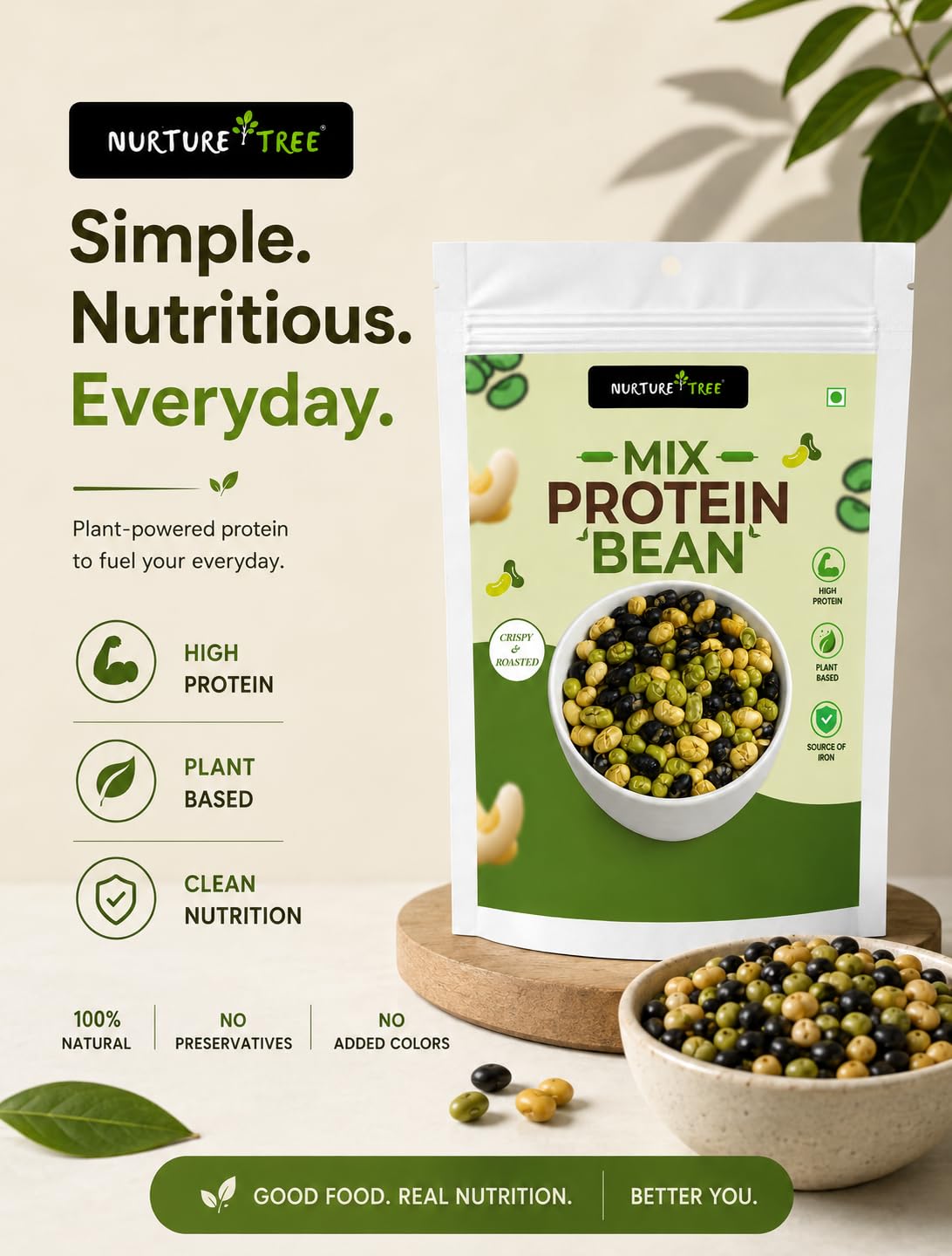 Nurture Tree Roasted Mix Protein Beans 3 in 1 | 100g | Roasted Soyabeans, Edamame & Black Beans | Not Fried | High Protein Healthy Snack | No Added Sugar | No Preservatives | Crispy & Crunchy | 100% Plant Protein