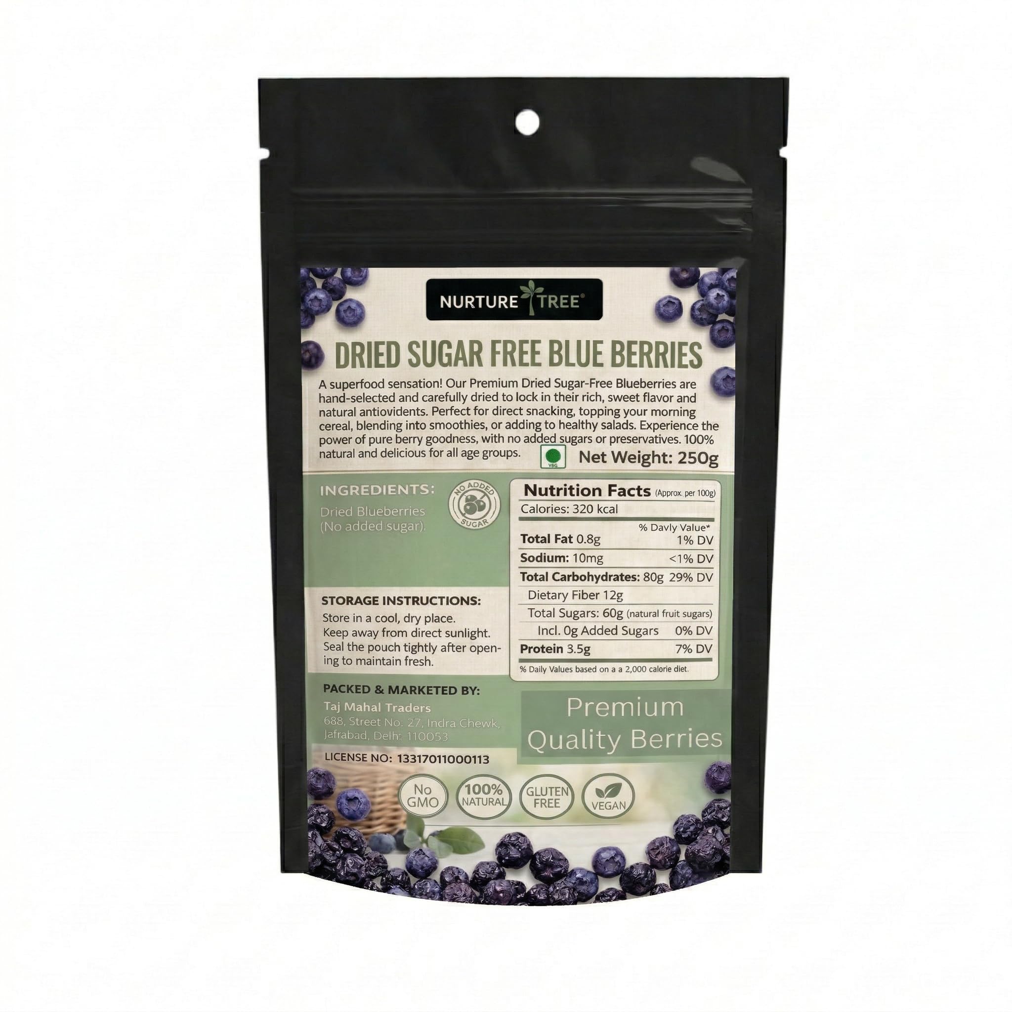 Nurture Tree Sugar-Free Dried Blueberries | Tasty & Healthy Snack | Rich in Antioxidants | Boosts Immunity | Supports Digestion (200gm)