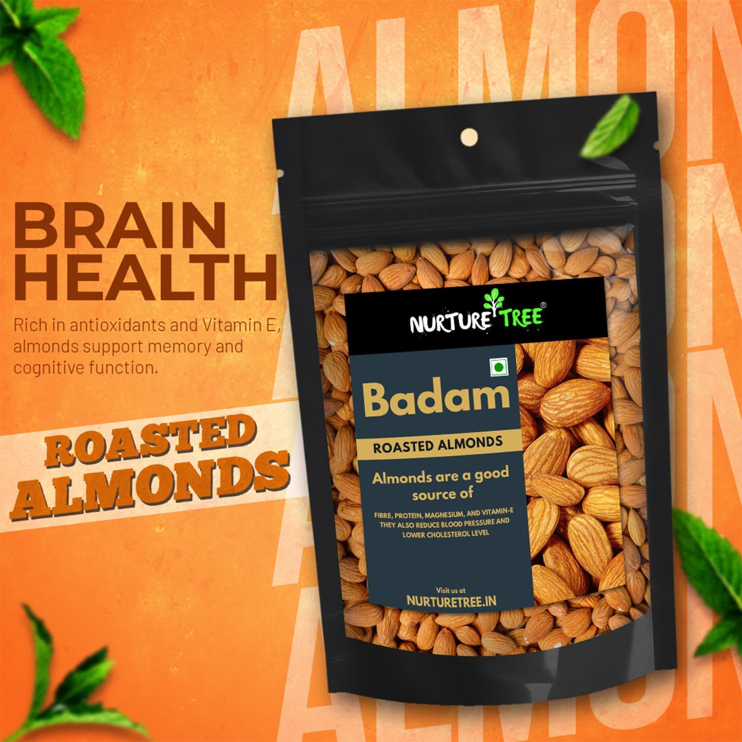 NURTURE TREE Premium Roasted & Salted Almonds (Badam) | 400g | Crunchy & Fresh Dry Fruits | Healthy Snack | Rich in Protein & Energy
