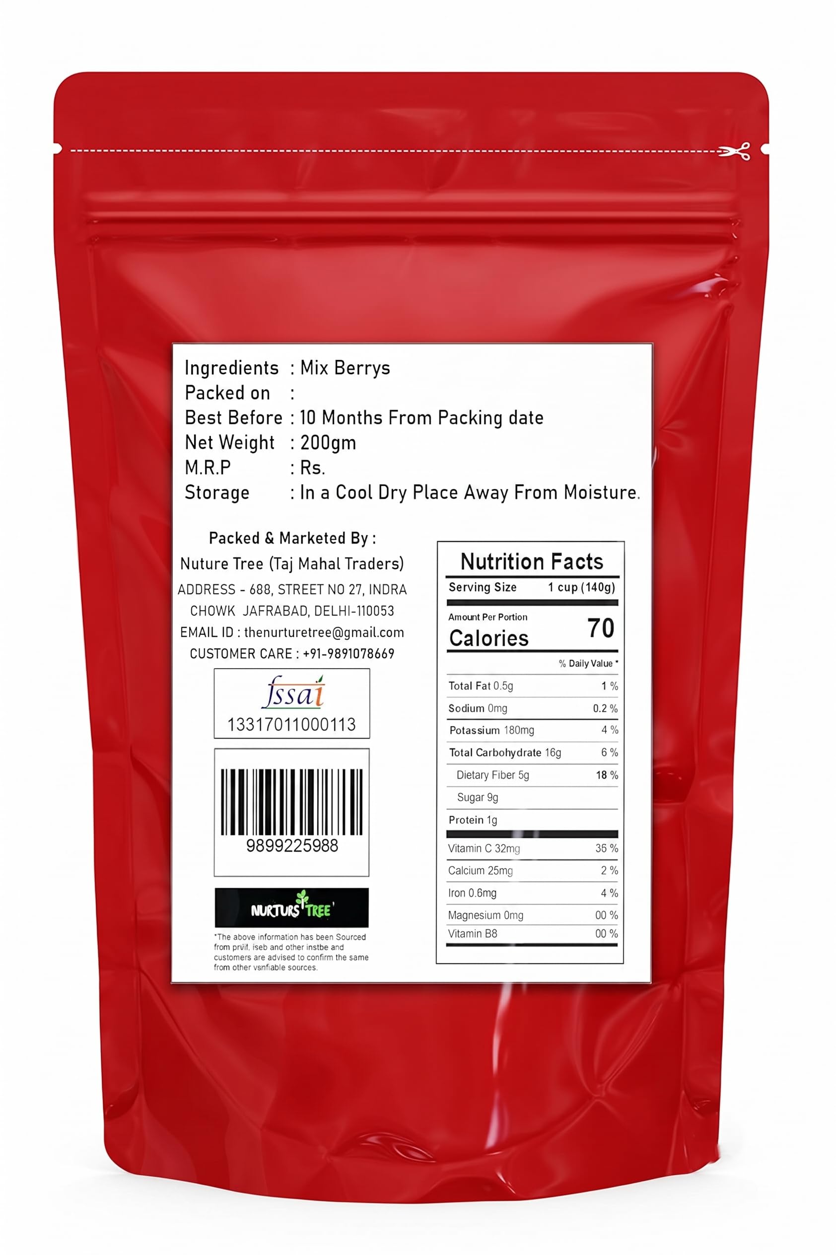 Nurture Tree Mixed Berries, Antioxidant-Rich Gourmet Mix, 400gm 3 in 1 - Healthly Snacks Contains Dried Blueberries | Strawberries | Goji Berries | Good Source of Fibre