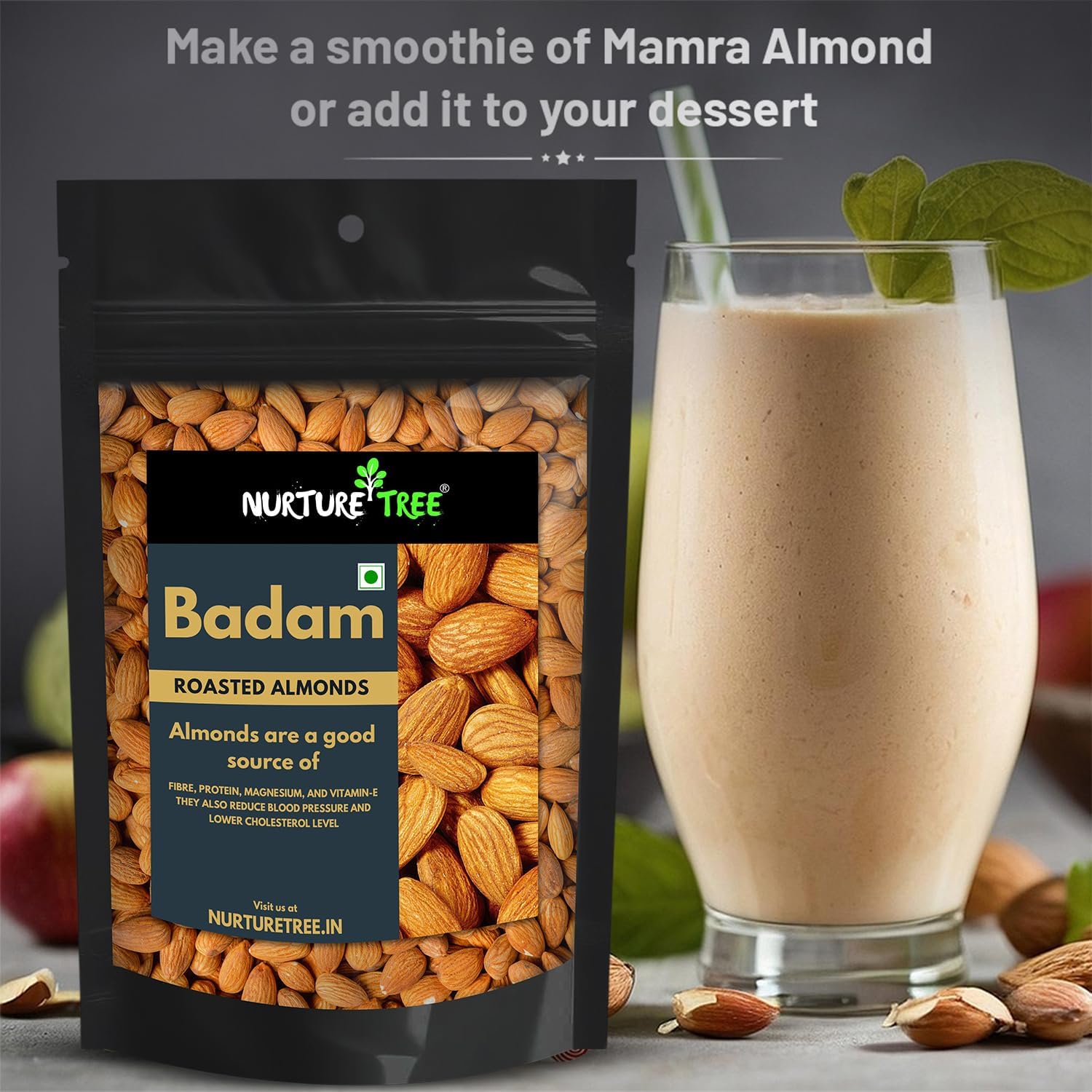 NURTURE TREE Premium Roasted & Salted Almonds (Badam) | 400g | Crunchy & Fresh Dry Fruits | Healthy Snack | Rich in Protein & Energy