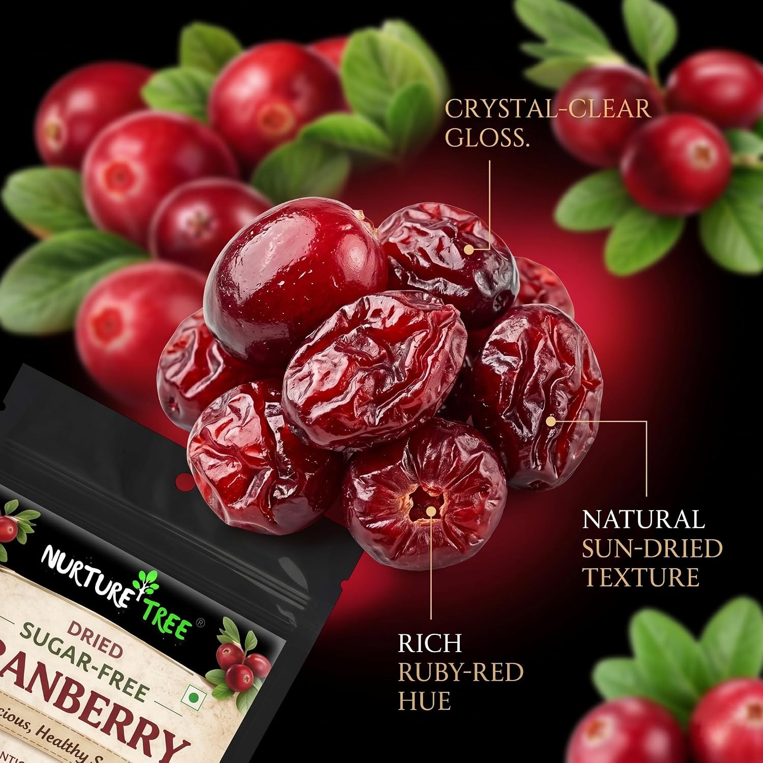 Nurture Tree Dried Sugar-Free Cranberries 200g | Rich in Antioxidants & Fiber | Natural Energy Booster & Immune Support | Healthy Snack for Breakfast, Diet & Fitness