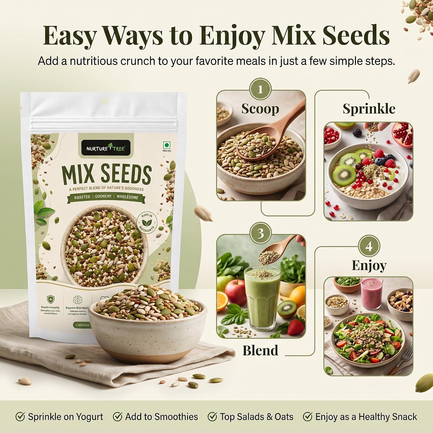 Nurture Tree Mix Seeds 100g | 4-in-1 Roasted Crunchy Seed Blend | Sunflower, Flax, Chia, Pumpkin Seeds | 100% Natural | High Protein & Fiber | No Preservatives | Healthy Snack