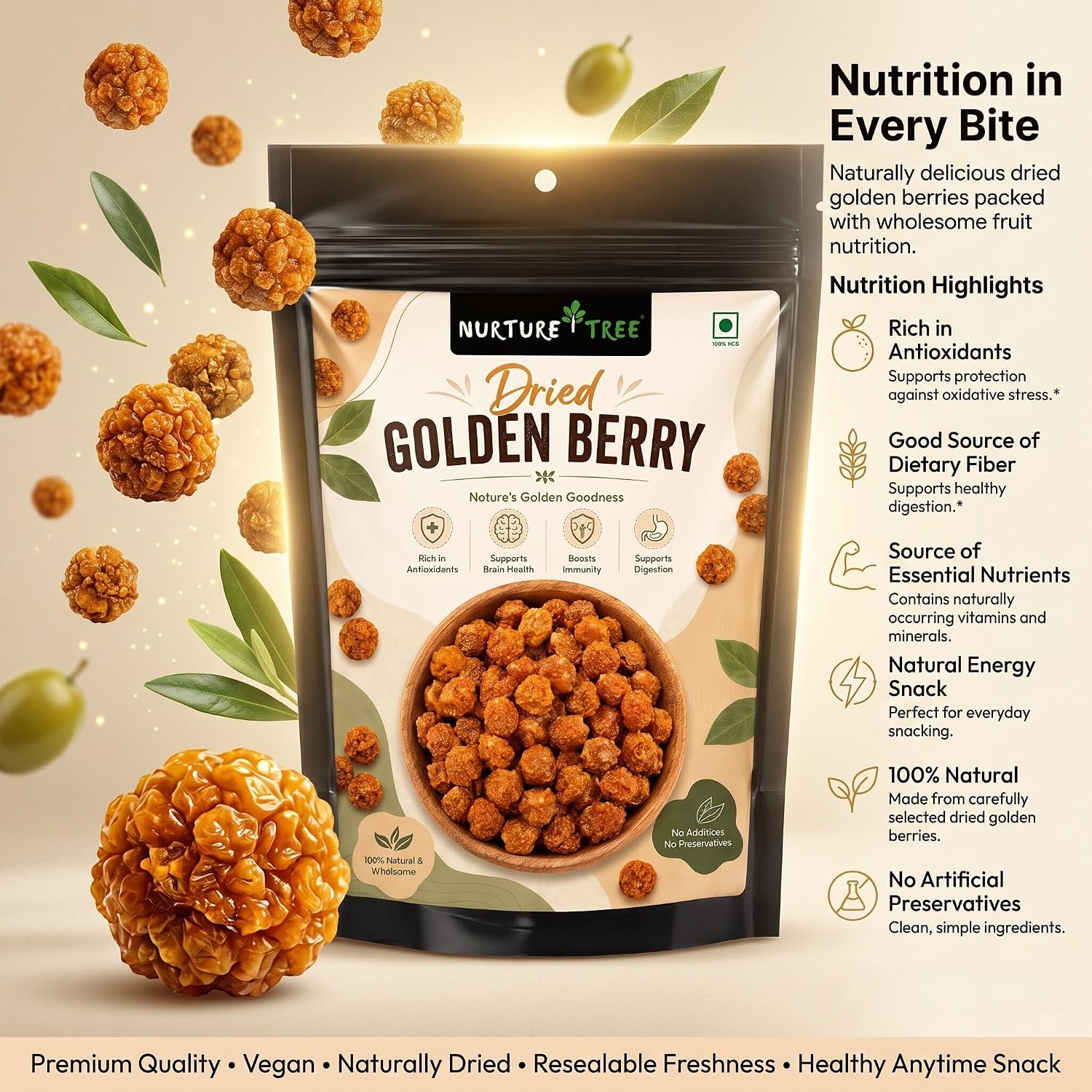 Nurture Tree Dried Golden Berry 100g | Premium Quality Sun-Dried Superfood | 100% Natural | No Additives | Rich in Dietary Fiber, Antioxidants & Essential Nutrients | Healthy Anytime Snack