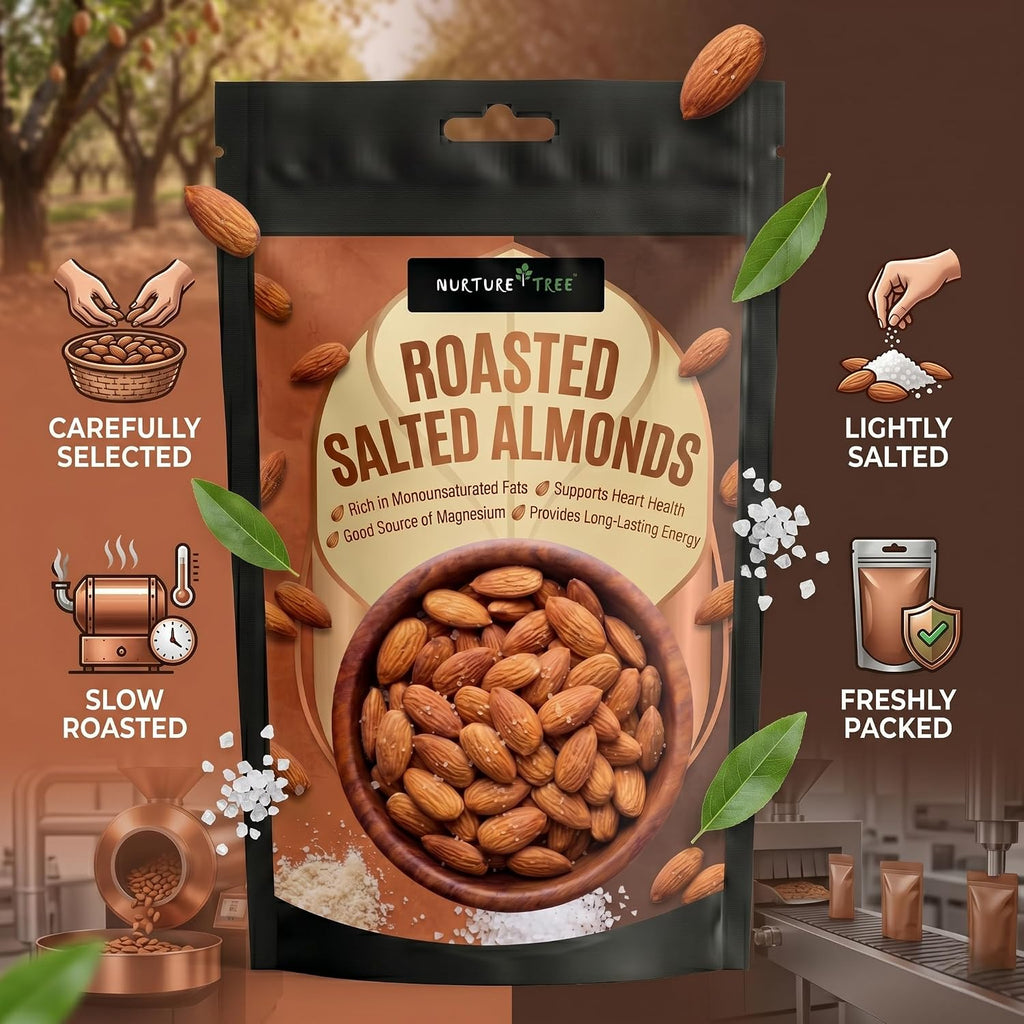 NURTURE TREE Premium Roasted & Salted Almonds Badam 400gm, Crunchy & Fresh Badam, Healthy Dry Fruits for Snacking and Cooking, Rich Source of Protein and Energy