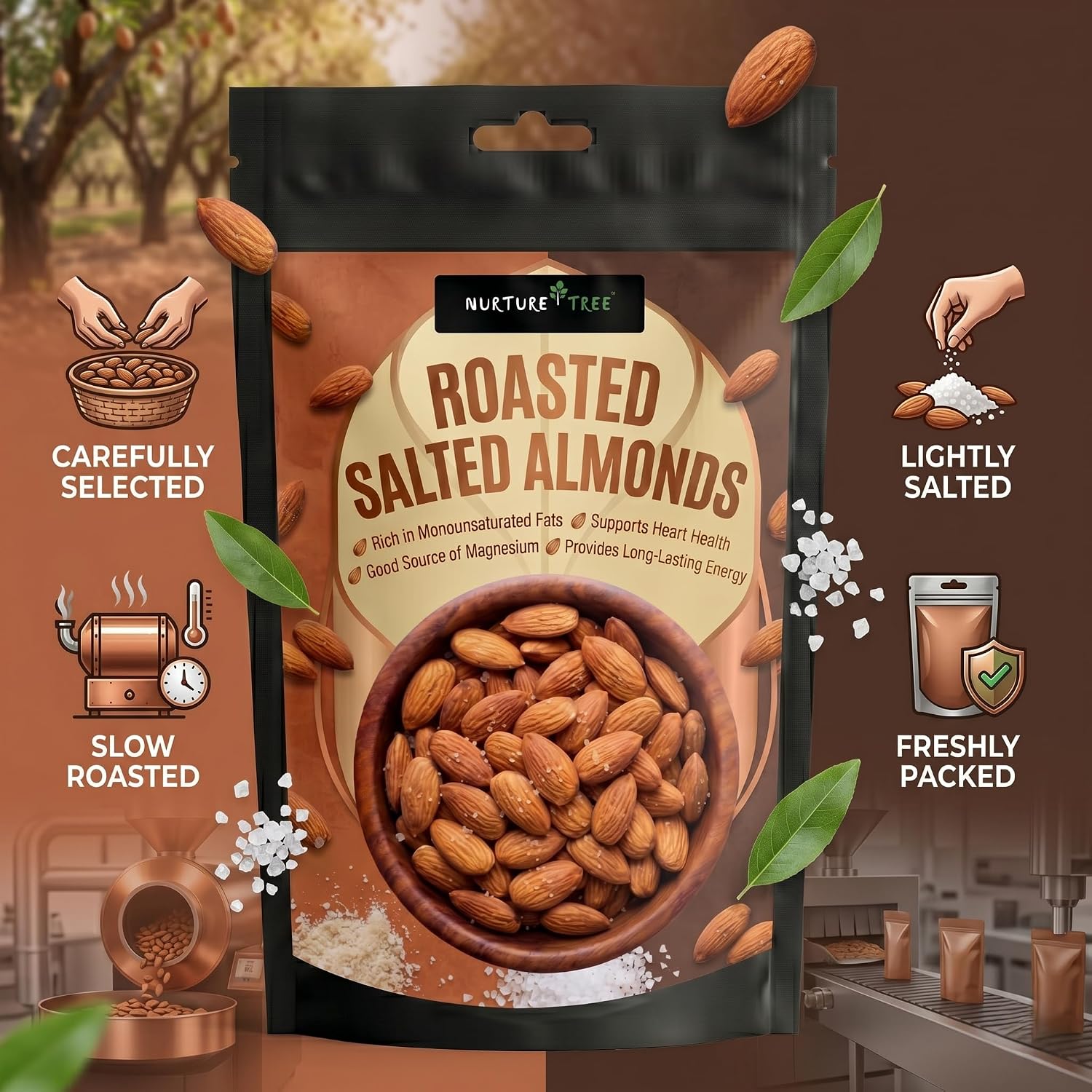 NURTURE TREE Premium Roasted & Salted Almonds Badam 400gm, Crunchy & Fresh Badam, Healthy Dry Fruits for Snacking and Cooking, Rich Source of Protein and Energy
