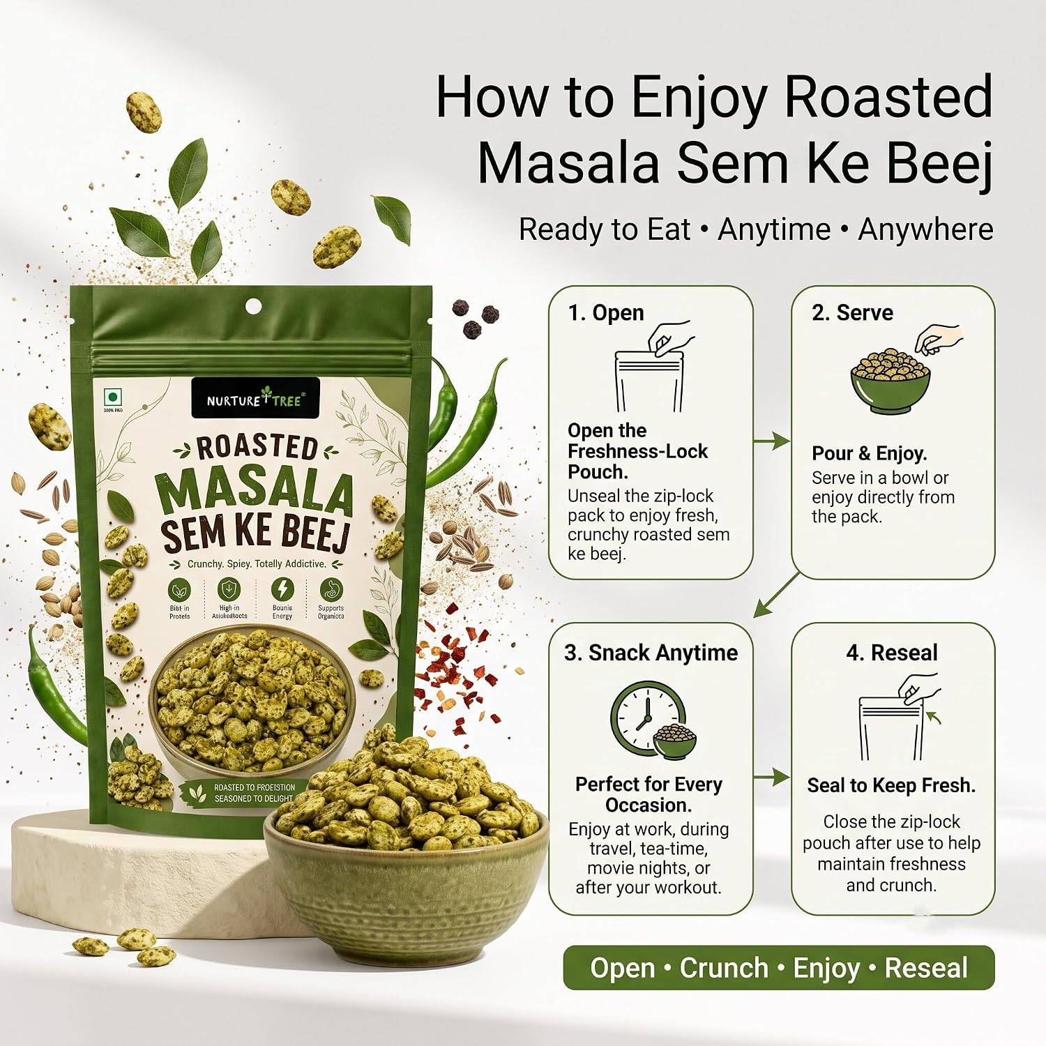 Nurture Tree Roasted Masala Sem Ke Beej 100g | Delicious Spicy Roasted Broad Beans | Crunchy Indian Namkeen | Ready to Eat | High Protein & Fiber | Perfect Snack for Home, Office & Travel