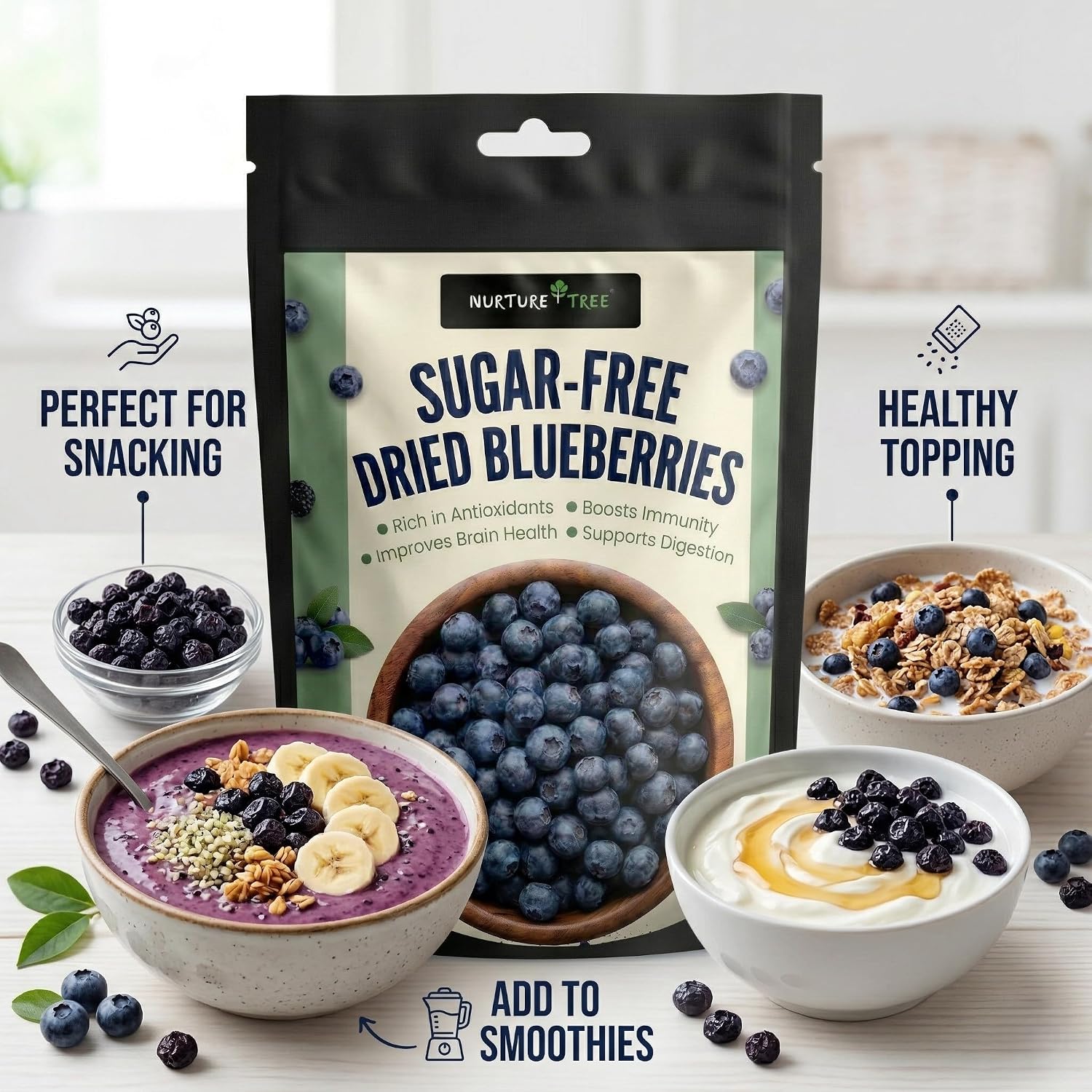 Nurture Tree Sugar-Free Dried Blueberries | Tasty & Healthy Snack | Rich in Antioxidants | Boosts Immunity | Supports Digestion (200gm)