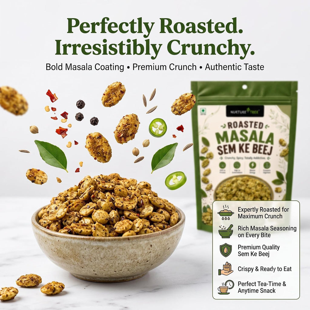 Nurture Tree Roasted Masala Sem Ke Beej 100g | Delicious Spicy Roasted Broad Beans | Crunchy Indian Namkeen | Ready to Eat | High Protein & Fiber | Perfect Snack for Home, Office & Travel