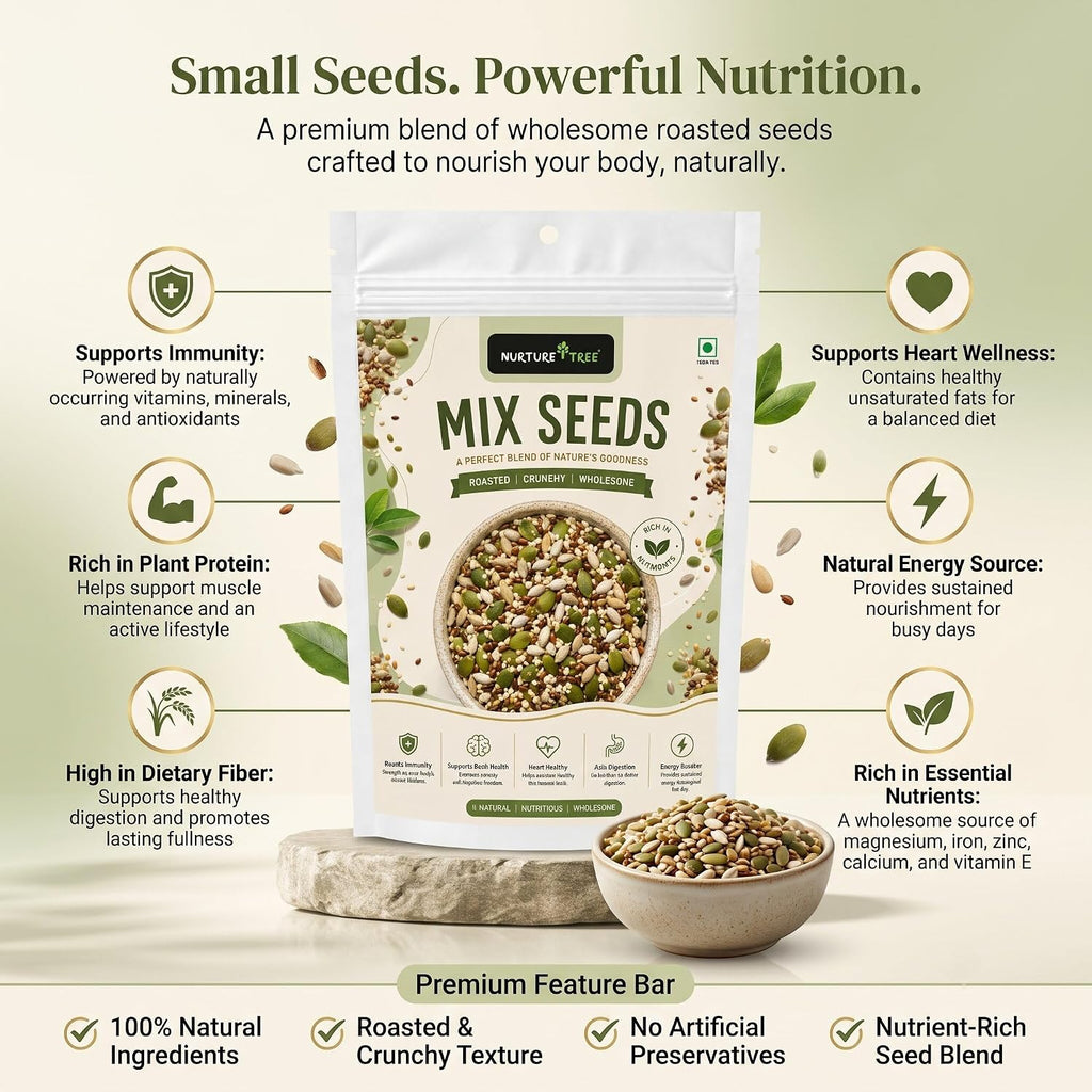 Nurture Tree Mix Seeds 100g | 4-in-1 Roasted Crunchy Seed Blend | Sunflower, Flax, Chia, Pumpkin Seeds | 100% Natural | High Protein & Fiber | No Preservatives | Healthy Snack