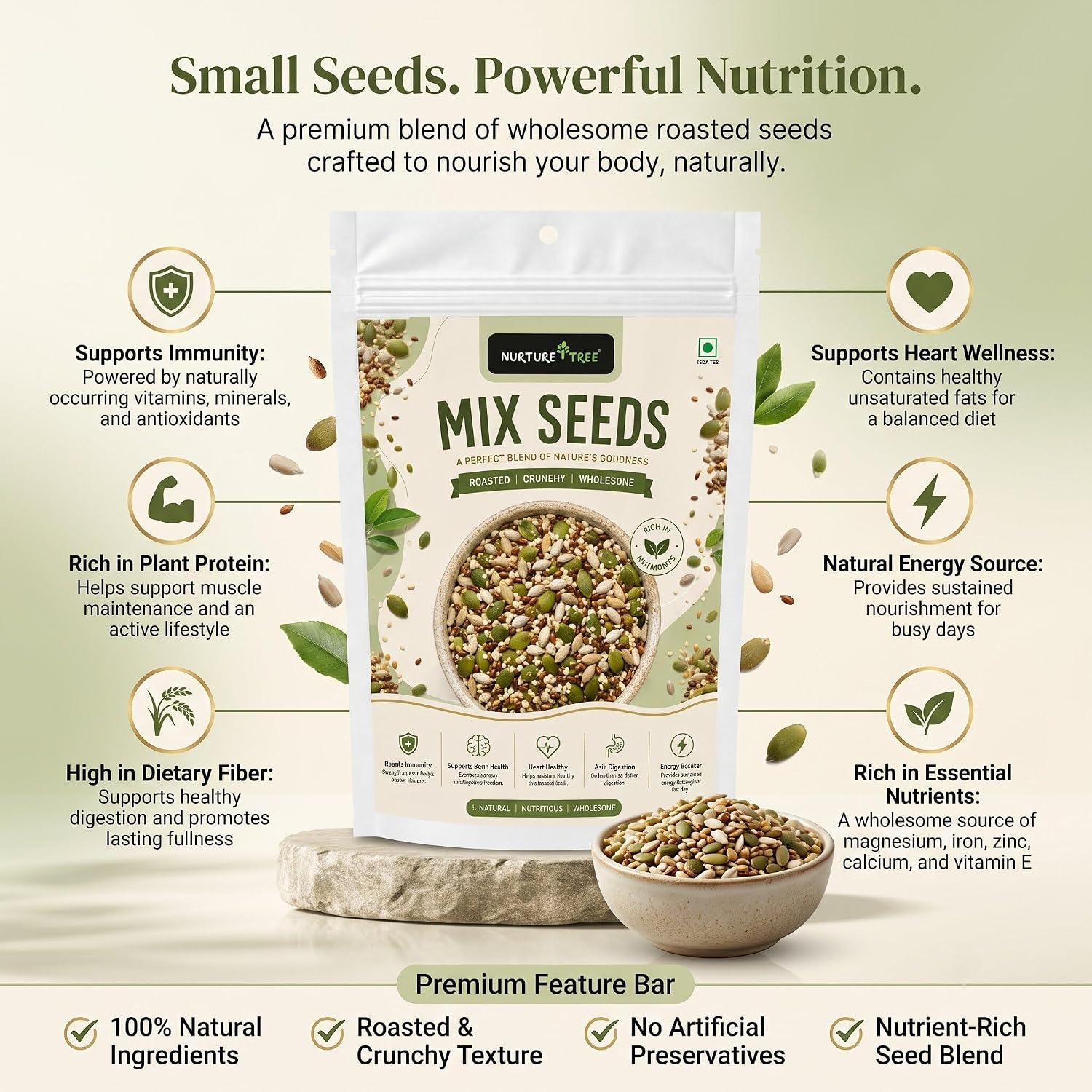 Nurture Tree Mix Seeds 100g | 4-in-1 Roasted Crunchy Seed Blend | Sunflower, Flax, Chia, Pumpkin Seeds | 100% Natural | High Protein & Fiber | No Preservatives | Healthy Snack