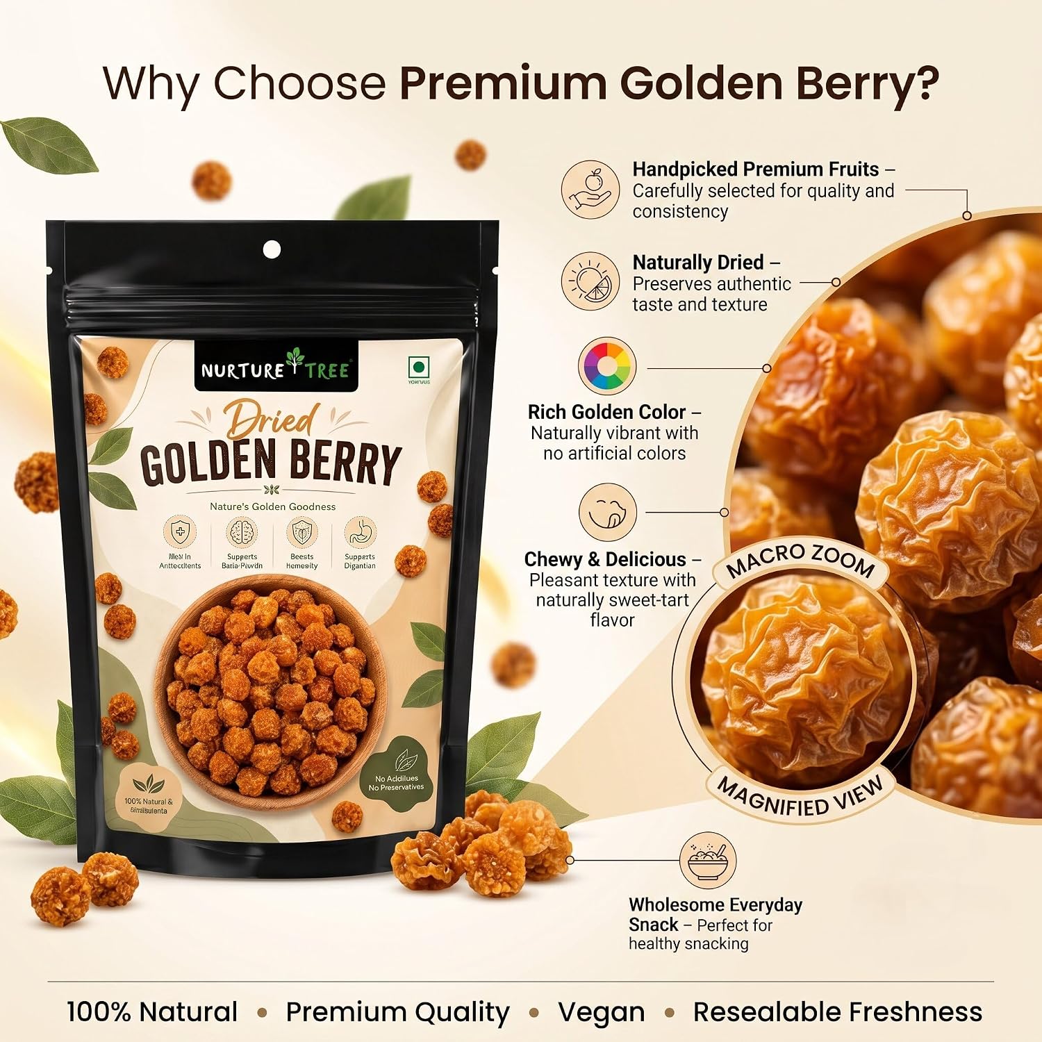 Nurture Tree Dried Golden Berry 100g | Premium Quality Sun-Dried Superfood | 100% Natural | No Additives | Rich in Dietary Fiber, Antioxidants & Essential Nutrients | Healthy Anytime Snack