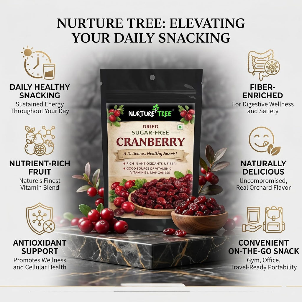 Nurture Tree Dried Sugar-Free Cranberries 200g | Rich in Antioxidants & Fiber | Natural Energy Booster & Immune Support | Healthy Snack for Breakfast, Diet & Fitness
