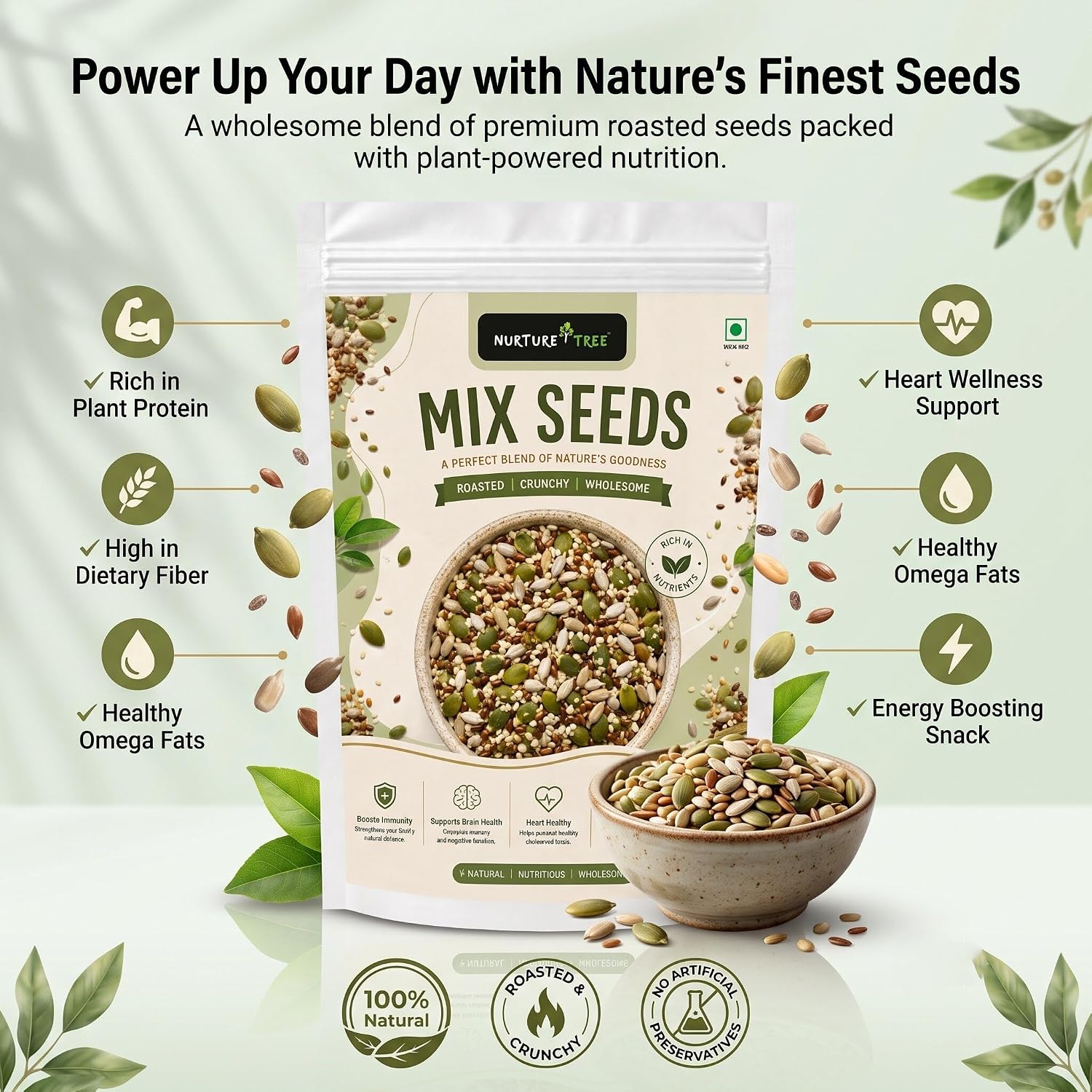 Nurture Tree Mix Seeds 100g | 4-in-1 Roasted Crunchy Seed Blend | Sunflower, Flax, Chia, Pumpkin Seeds | 100% Natural | High Protein & Fiber | No Preservatives | Healthy Snack