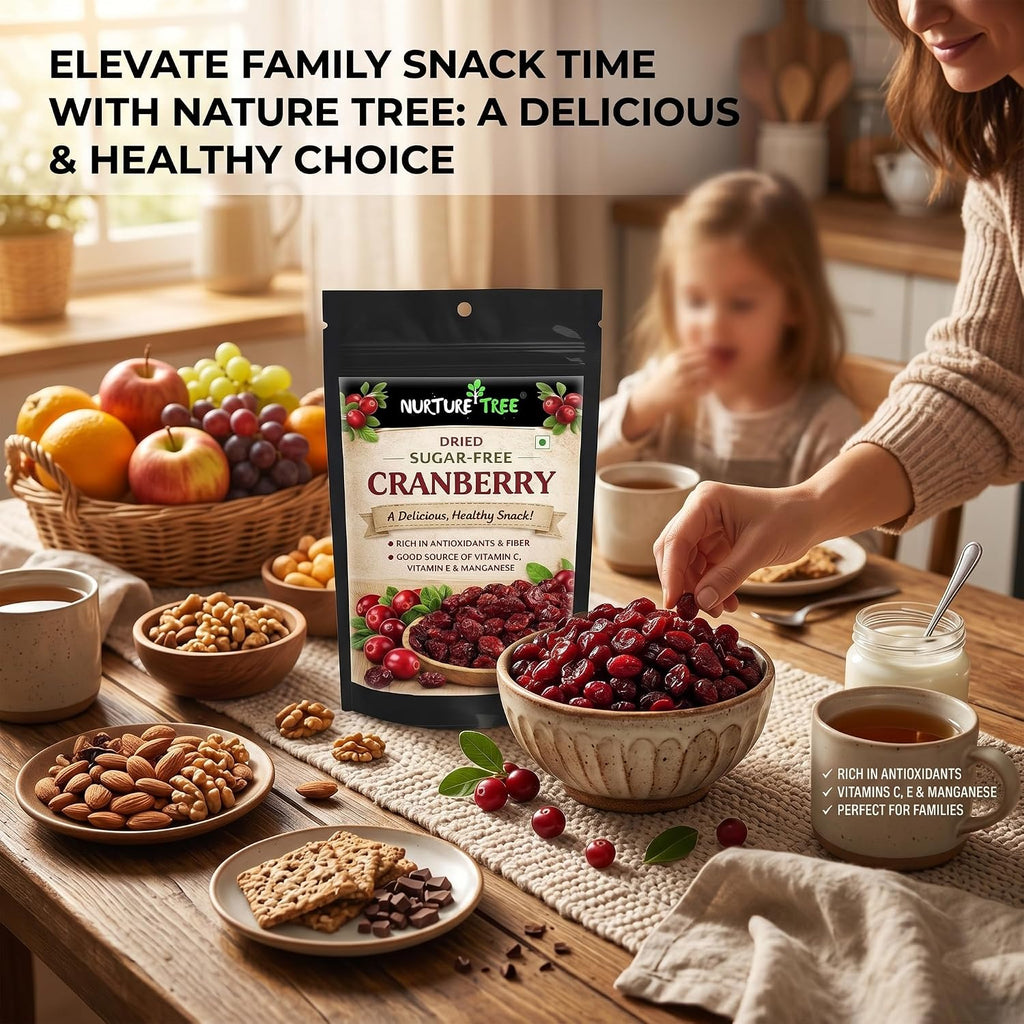 Nurture Tree Dried Sugar-Free Cranberries 200g | Rich in Antioxidants & Fiber | Natural Energy Booster & Immune Support | Healthy Snack for Breakfast, Diet & Fitness
