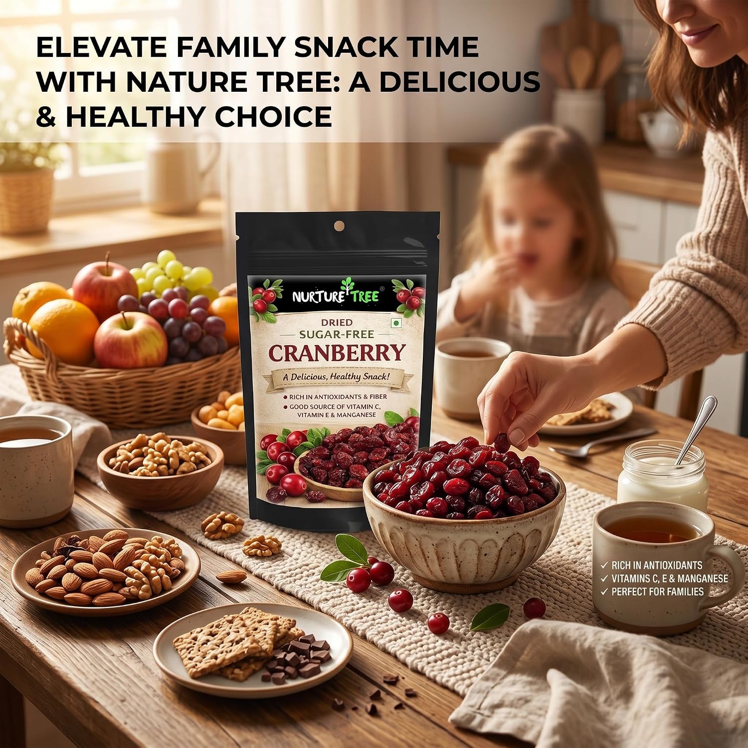 Nurture Tree Dried Sugar-Free Cranberries 200g | Rich in Antioxidants & Fiber | Natural Energy Booster & Immune Support | Healthy Snack for Breakfast, Diet & Fitness