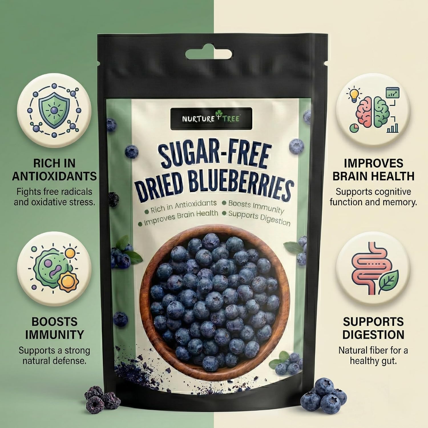 Nurture Tree Sugar-Free Dried Blueberries | Tasty & Healthy Snack | Rich in Antioxidants | Boosts Immunity | Supports Digestion (200gm)
