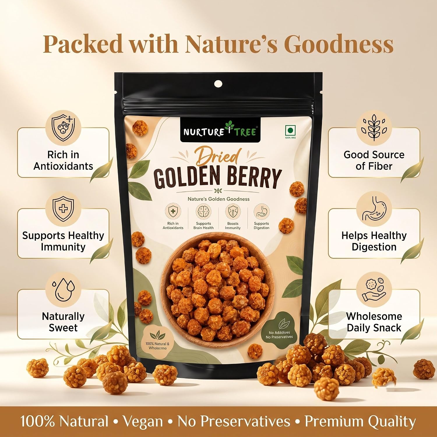 Nurture Tree Dried Golden Berry 100g | Premium Quality Sun-Dried Superfood | 100% Natural | No Additives | Rich in Dietary Fiber, Antioxidants & Essential Nutrients | Healthy Anytime Snack