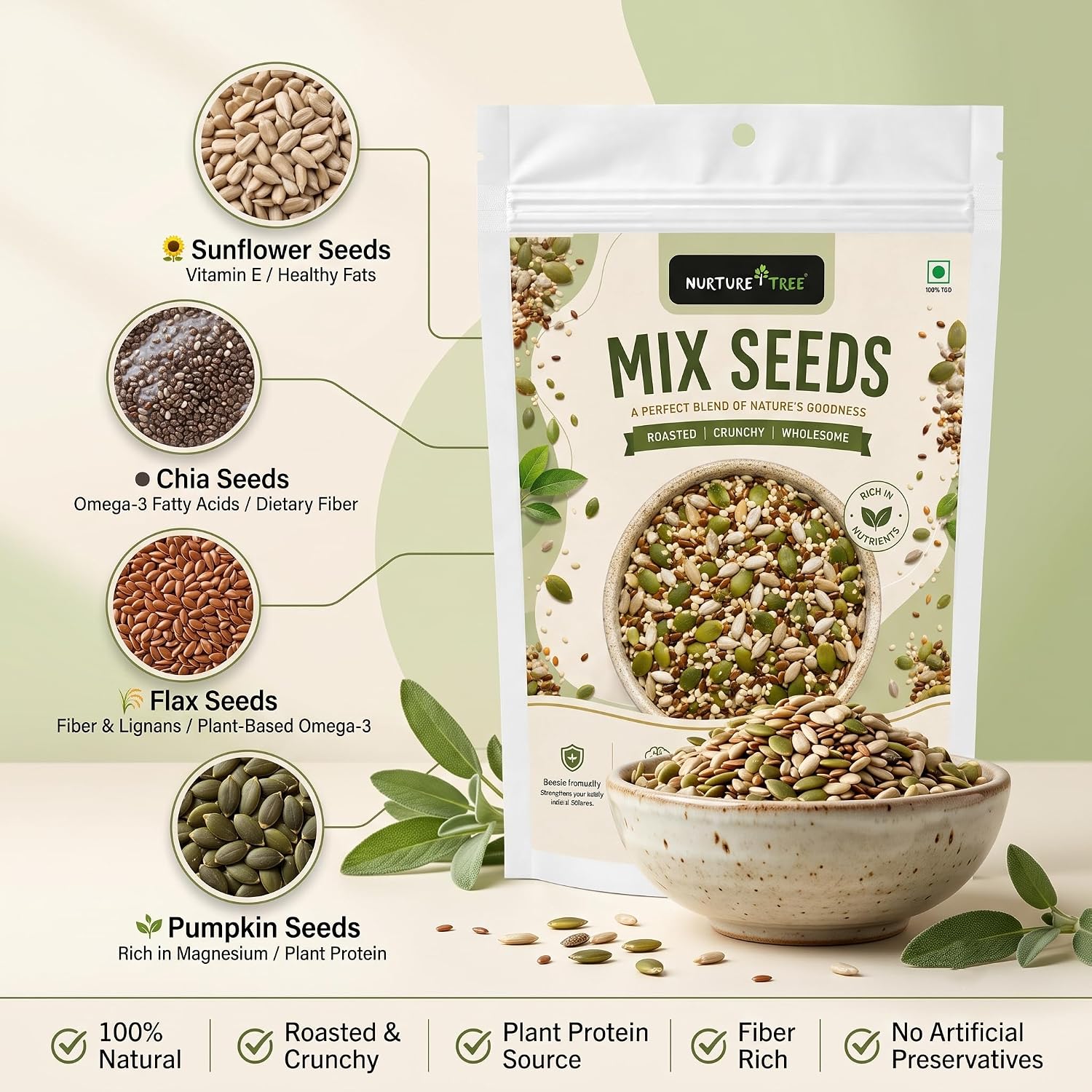 Nurture Tree Mix Seeds 100g | 4-in-1 Roasted Crunchy Seed Blend | Sunflower, Flax, Chia, Pumpkin Seeds | 100% Natural | High Protein & Fiber | No Preservatives | Healthy Snack